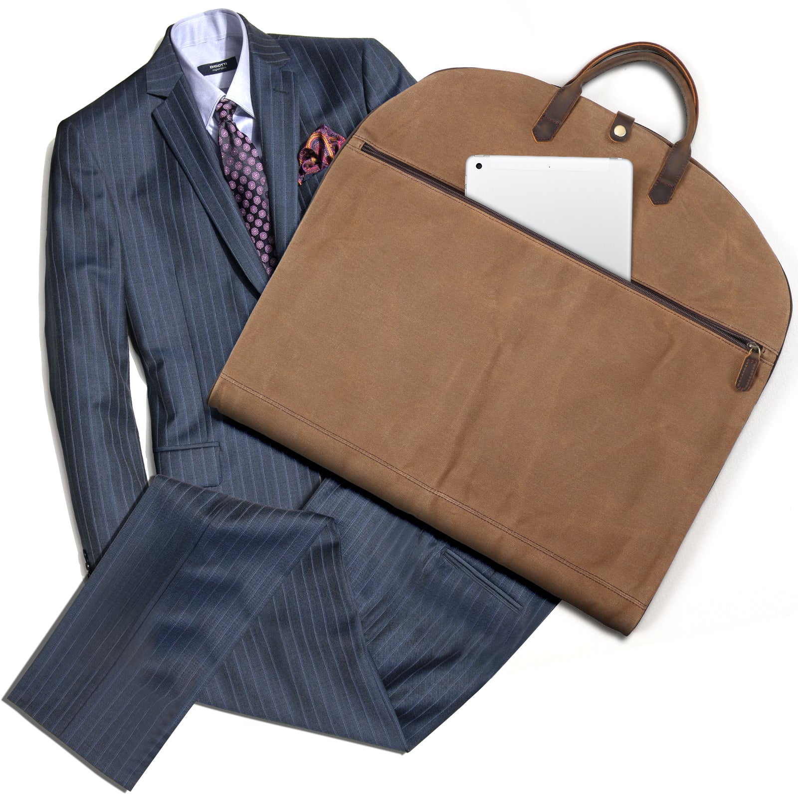 Full Grain Leather Trim Waxed Canvas Carry On Garment Bag (Brown,Front)