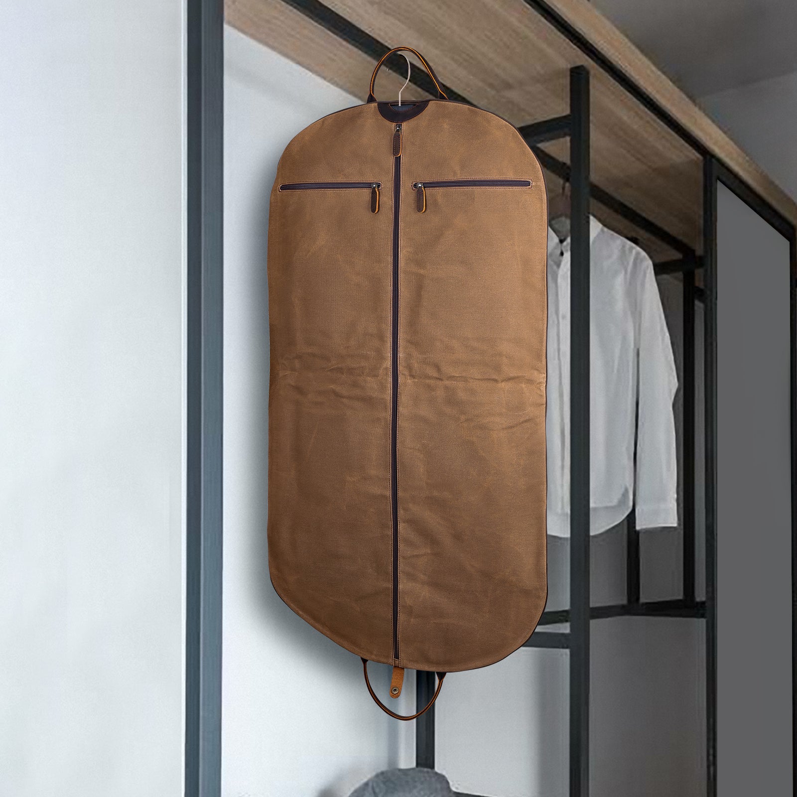 Full Grain Leather Trim Waxed Canvas Carry On Garment Bag (Scenario Shows)