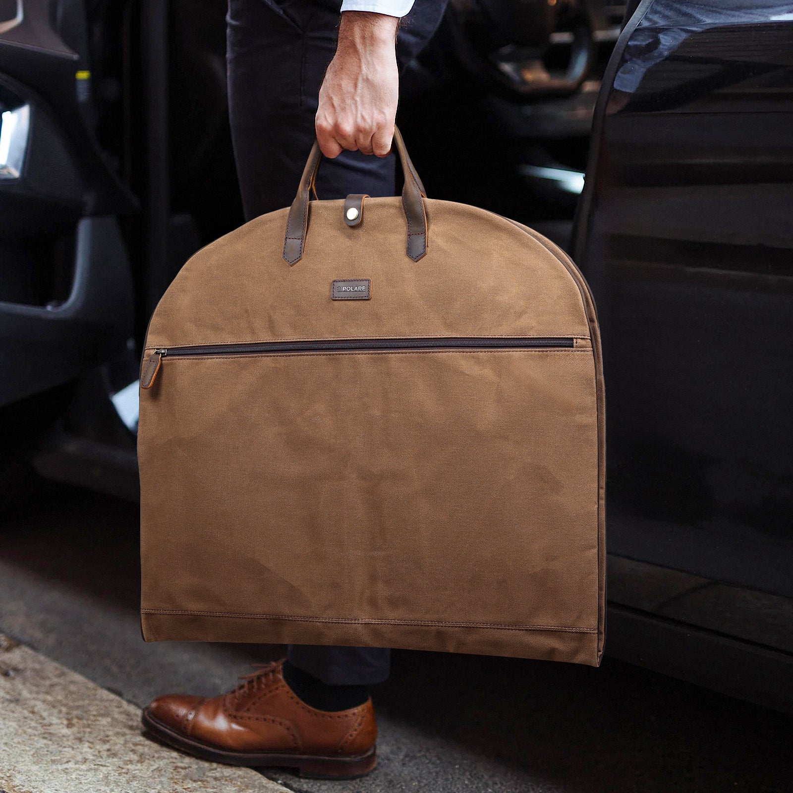 Full Grain Leather Trim Waxed Canvas Carry On Garment Bag (Model Display)