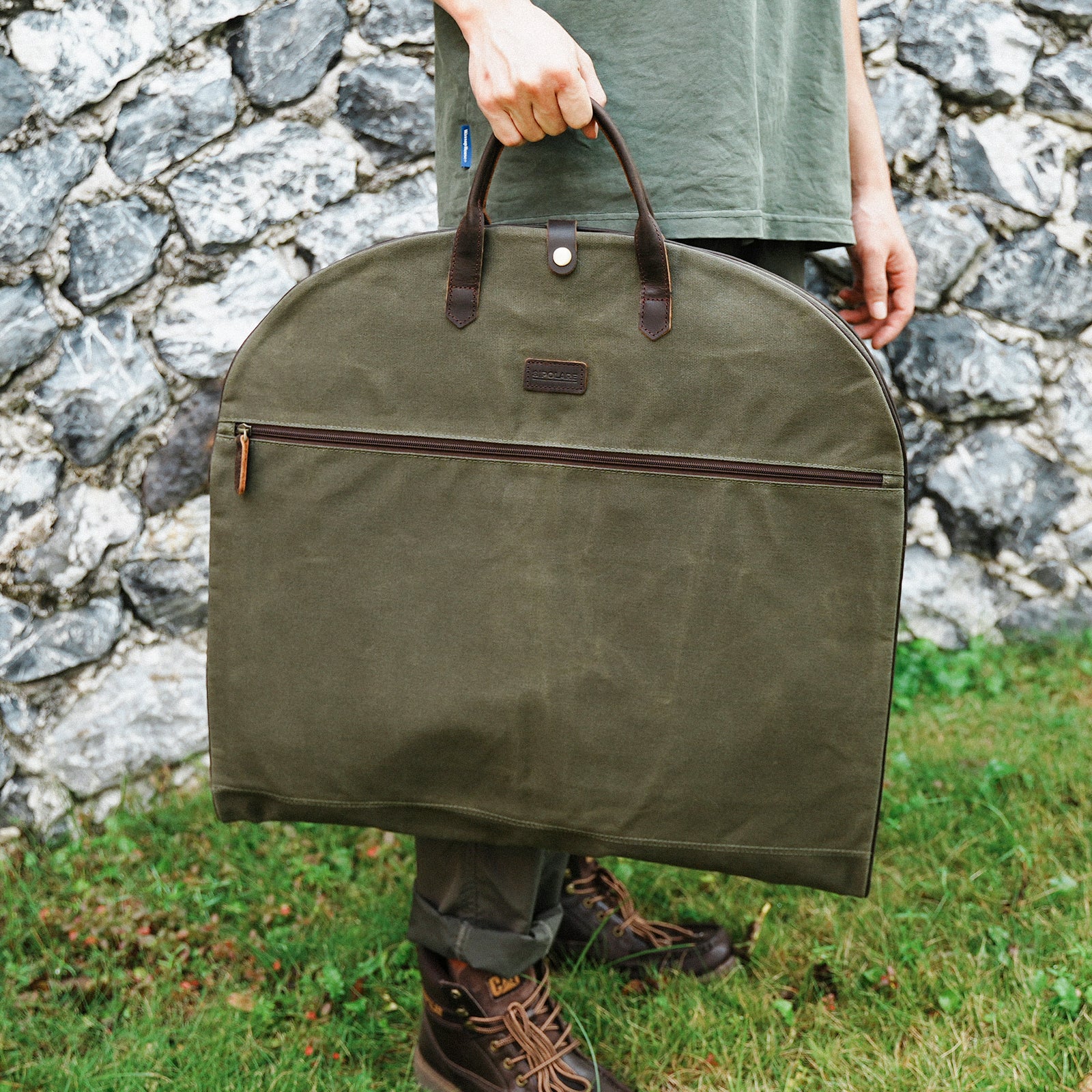 Full Grain Leather Trim Waxed Canvas Carry On Garment Bag (Model Display)