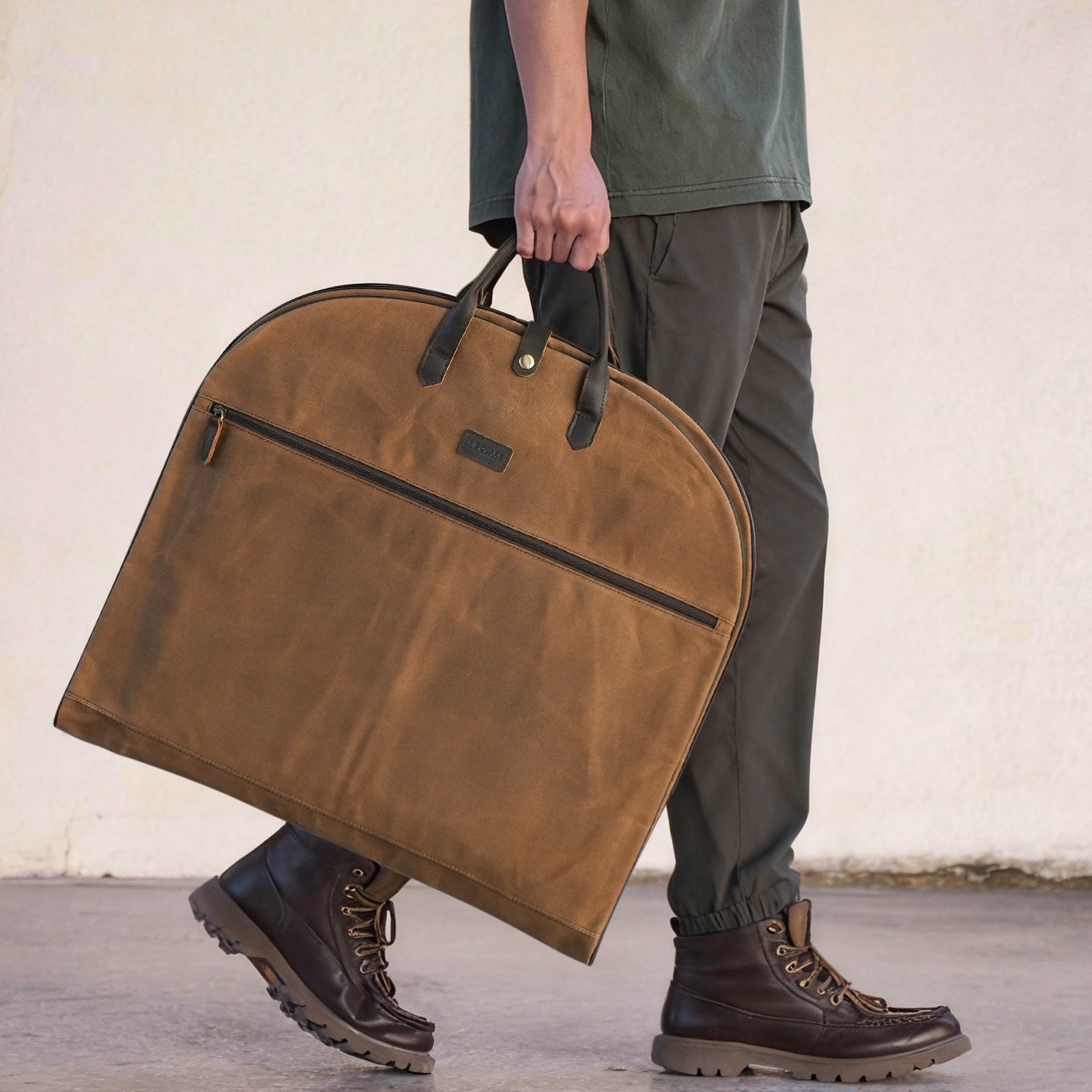 Full Grain Leather Trim Waxed Canvas Carry On Garment Bag (Waxed Canvas Garment Bag for Men)