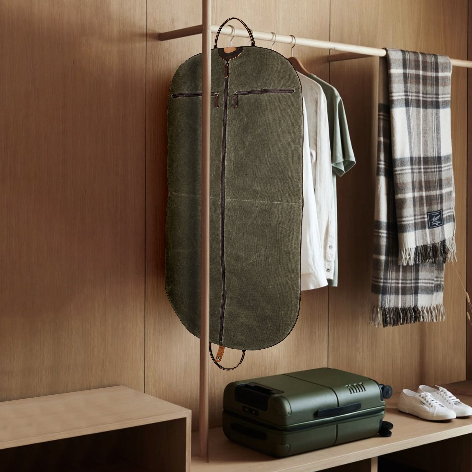 Full Grain Leather Trim Waxed Canvas Carry On Garment Bag (Army Green,Scenario Shows)