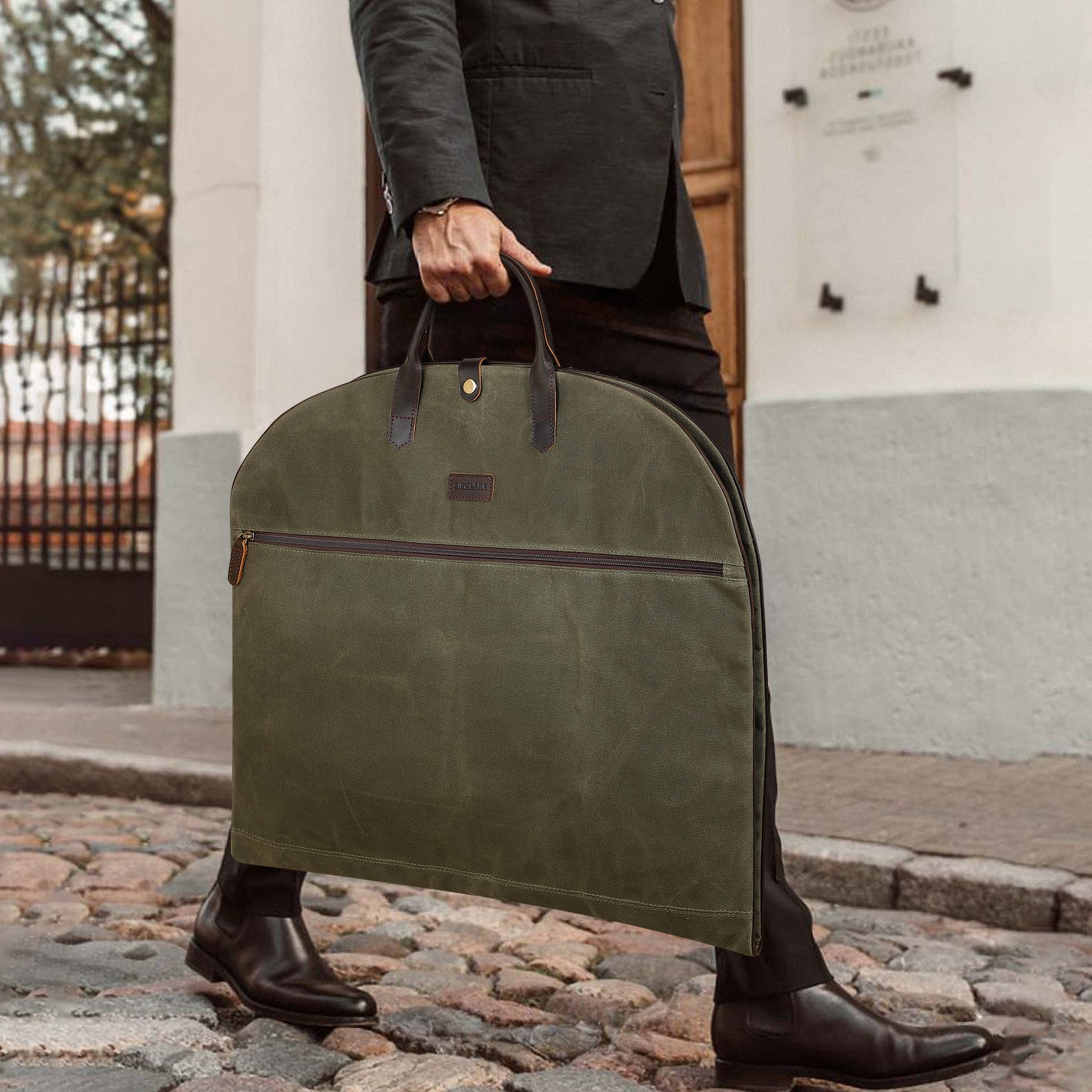 Full Grain Leather Trim Waxed Canvas Carry On Garment Bag (Army Green,Model Display)