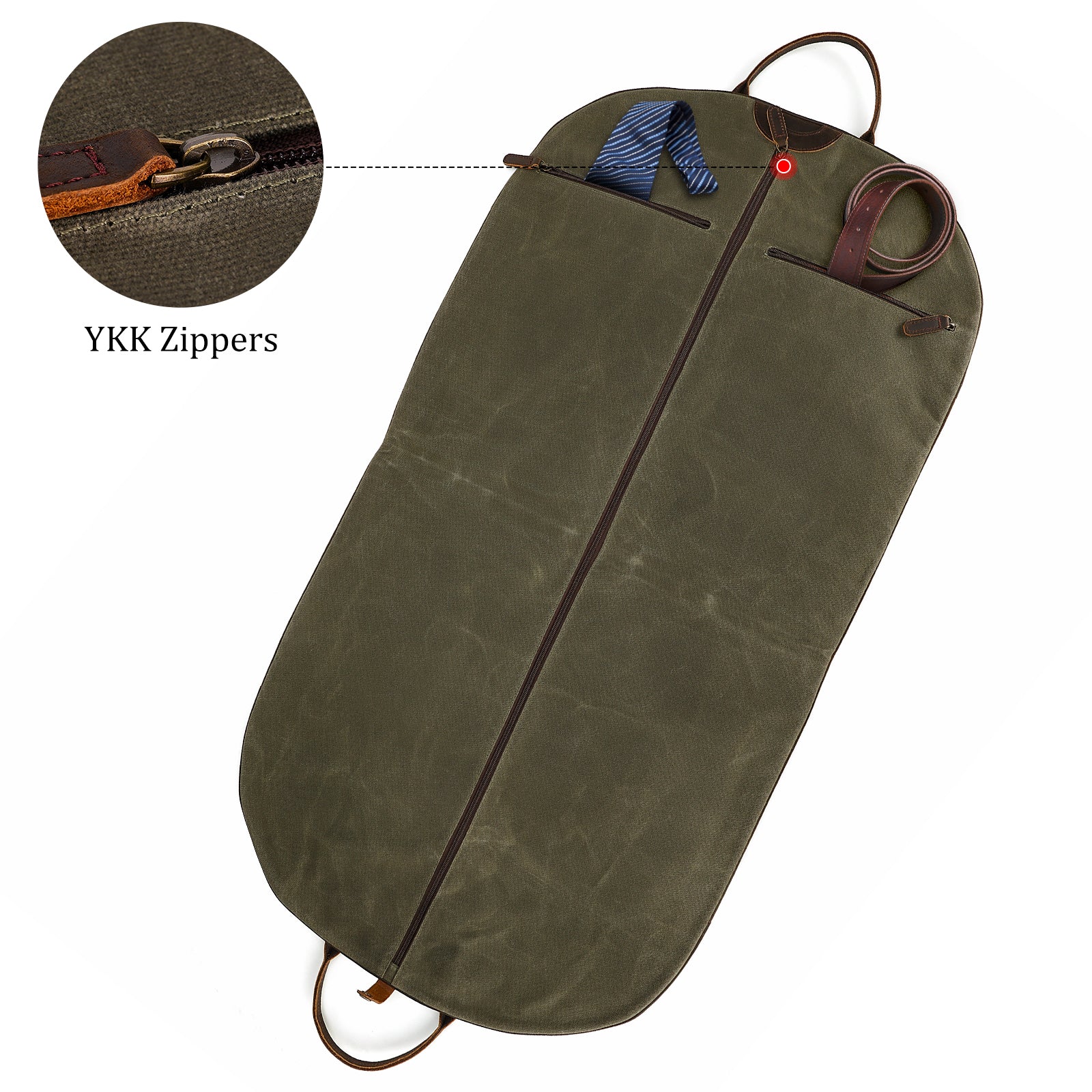 Full Grain Leather Trim Waxed Canvas Carry On Garment Bag (Inside/Details)