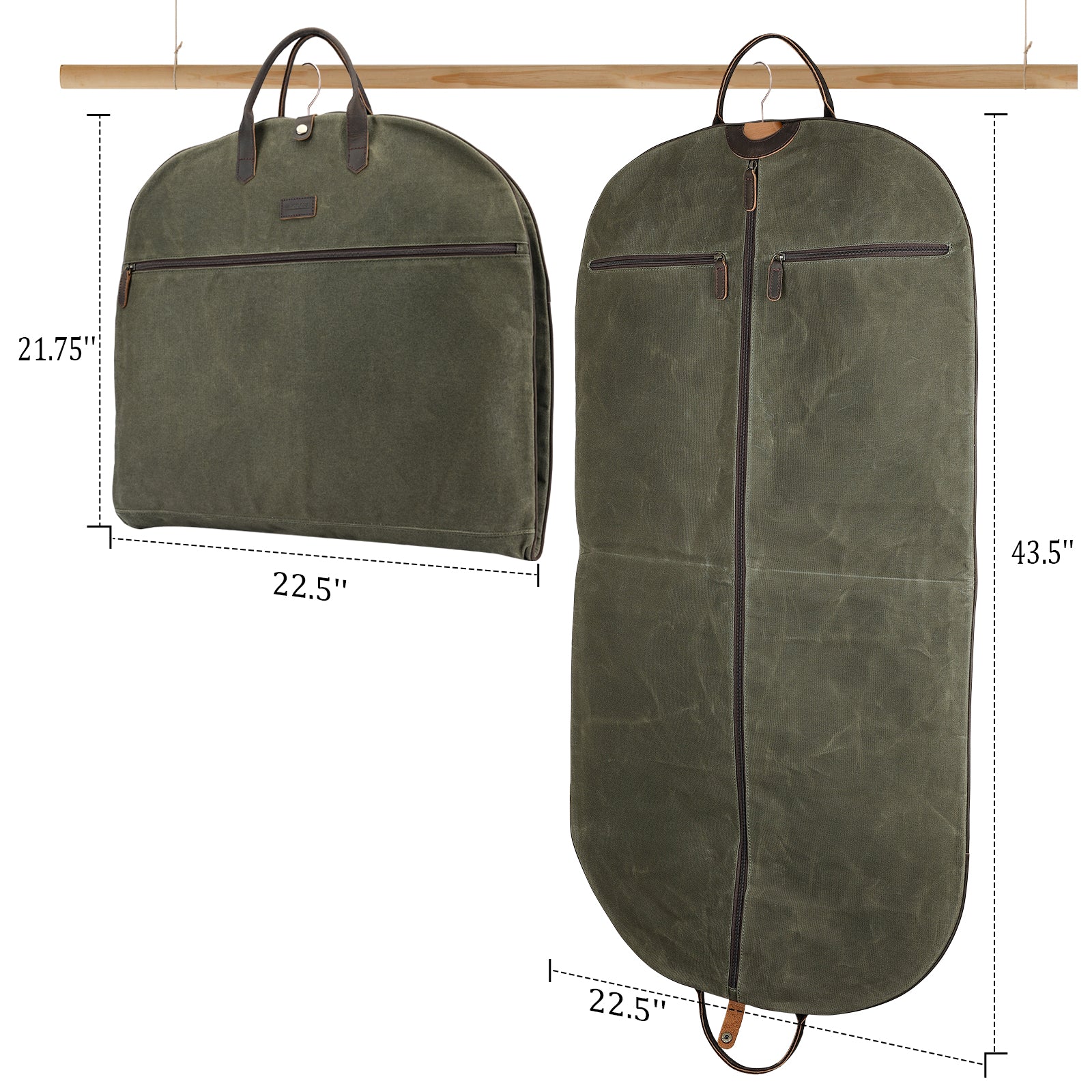 Full Grain Leather Trim Waxed Canvas Carry On Garment Bag (Dimension)