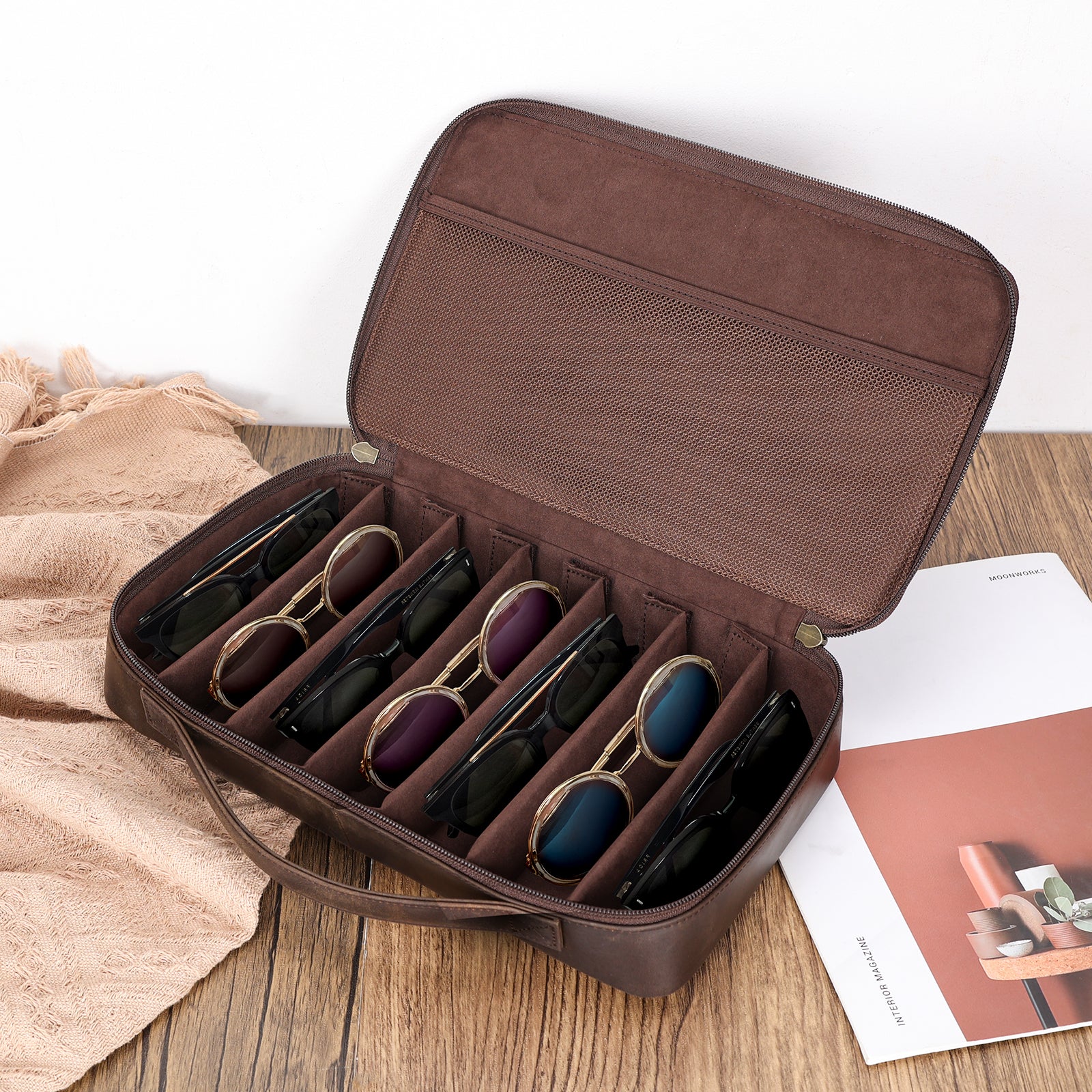 Leather Glasses Organizer Case with Adjustable 7 Slots (Inside)