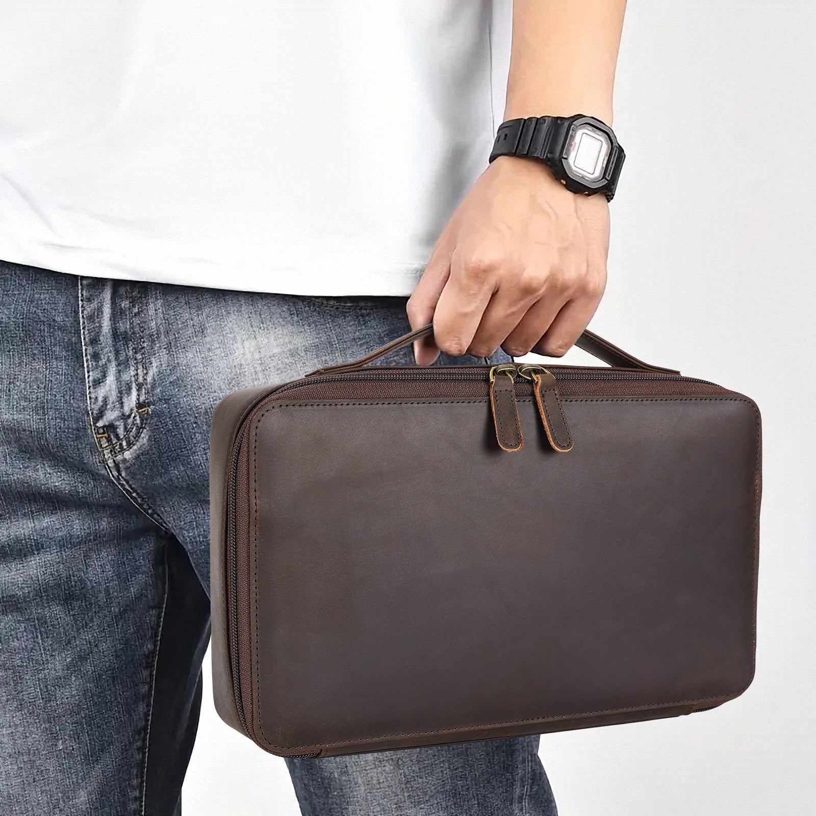Leather Glasses Organizer Case with Adjustable 7 Slots (Model Display)