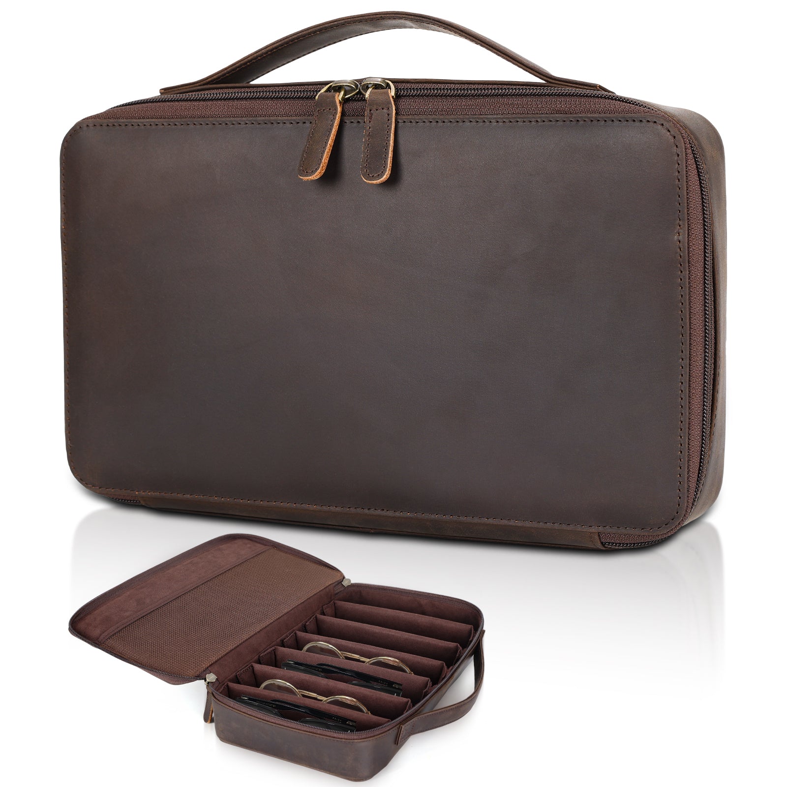 Leather Glasses Organizer Case with Adjustable 7 Slots