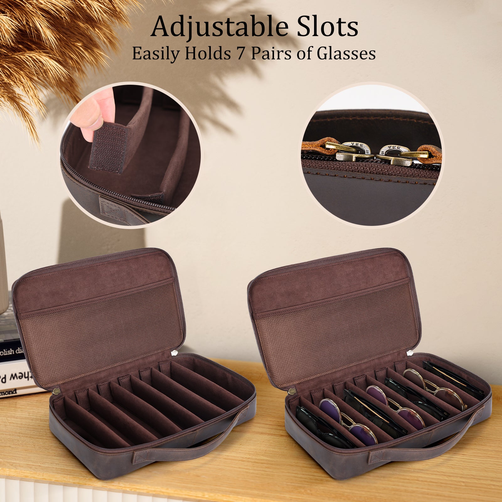 Leather Glasses Organizer Case with Adjustable 7 Slots (Inside)
