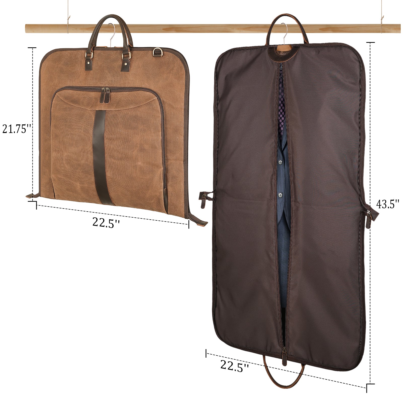 Waxed Canvas Full Grain Leather Trim Garment Carry On Bag (Dimension)