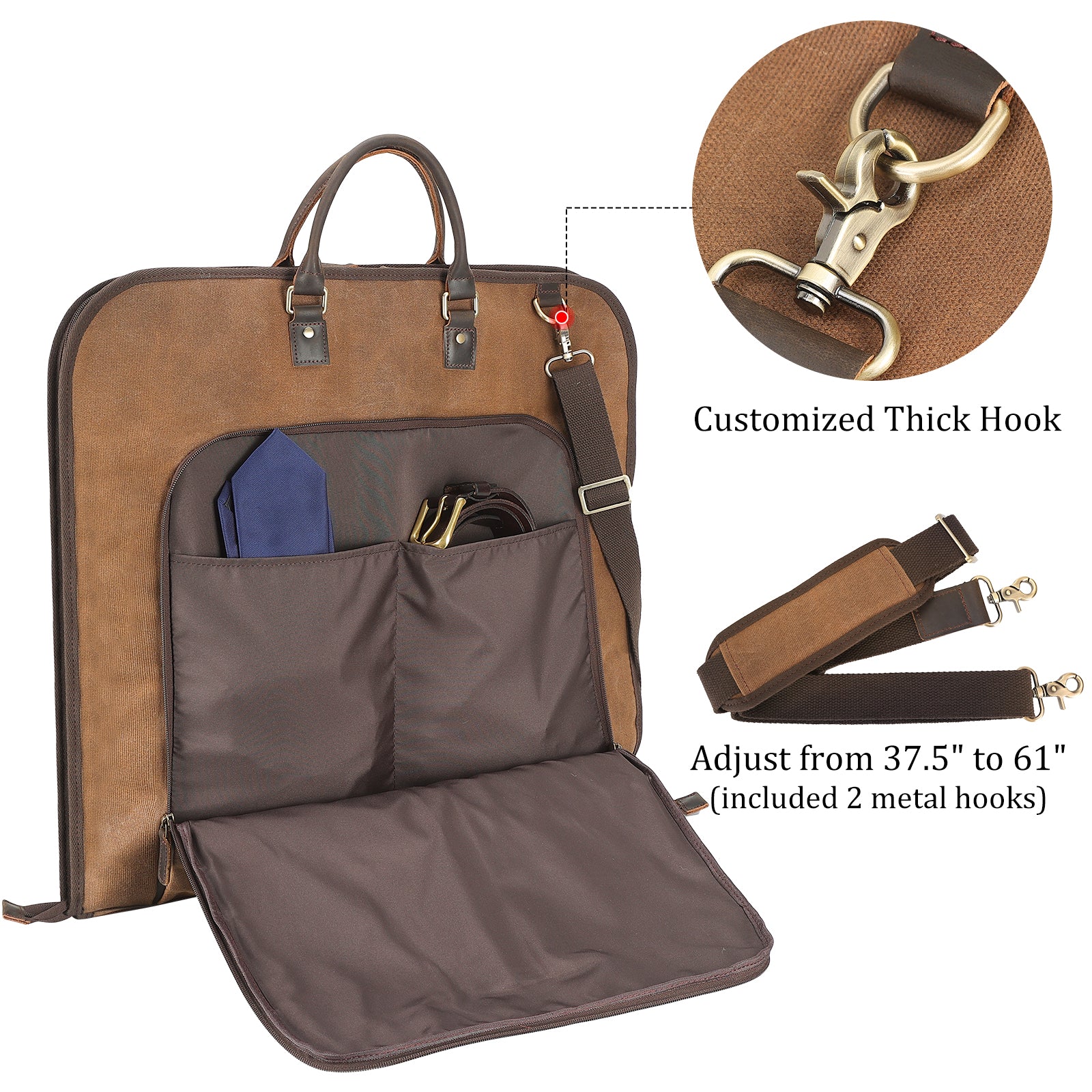 Waxed Canvas Full Grain Leather Trim Garment Carry On Bag (Brown,Front Pocket)