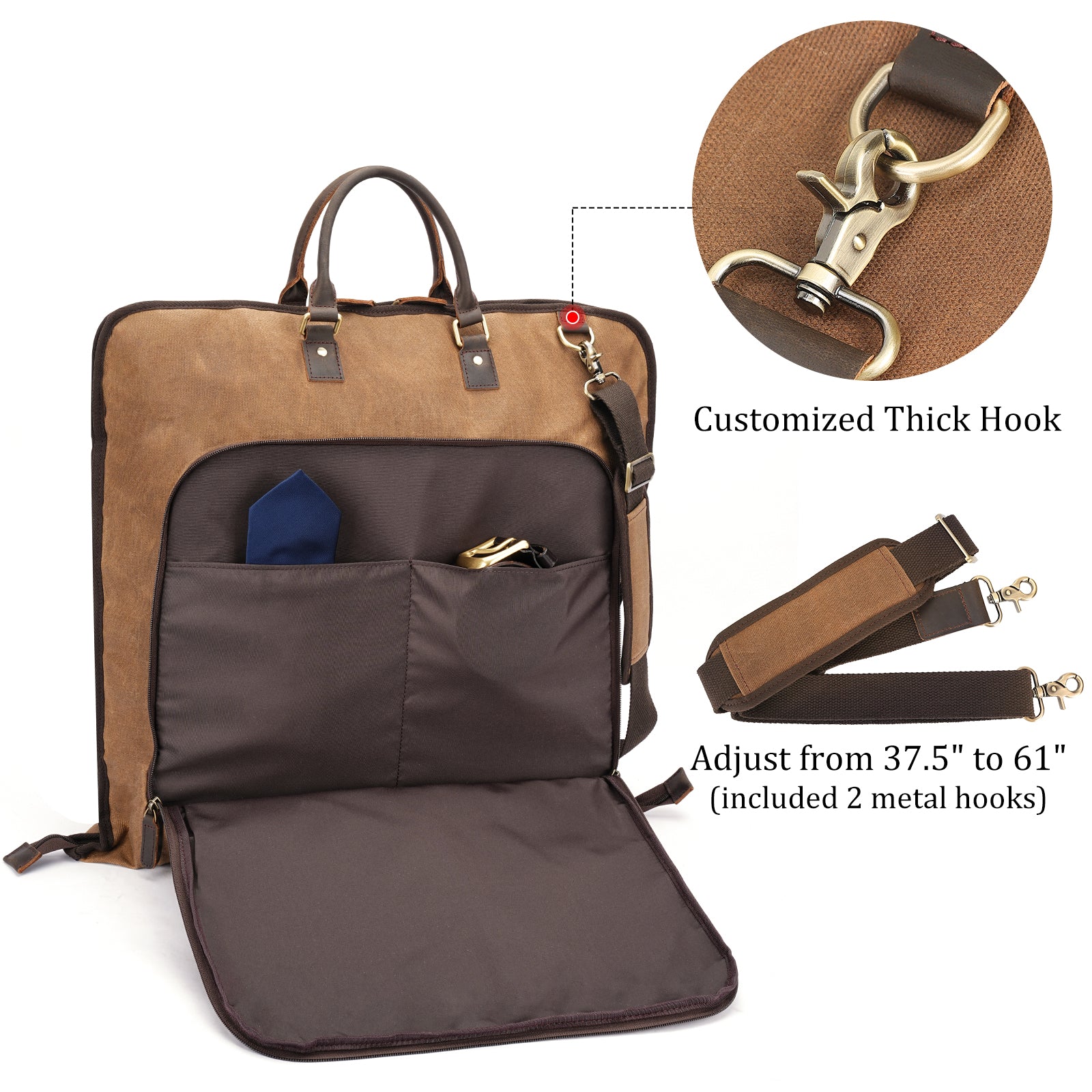Waxed Canvas Full Grain Leather Trim Garment Carry On Bag (Brown,carry on bag for suits)