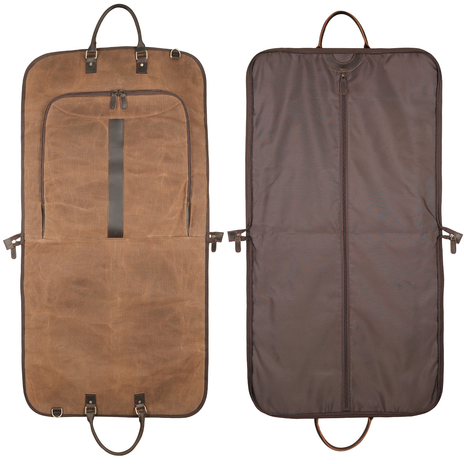 Waxed Canvas Full Grain Leather Trim Garment Carry On Bag (Brown,Unfold the front and back)