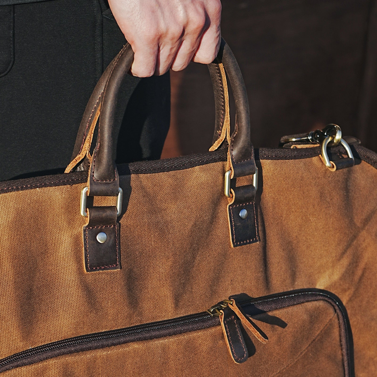 Waxed Canvas Full Grain Leather Trim Garment Carry On Bag (Details)