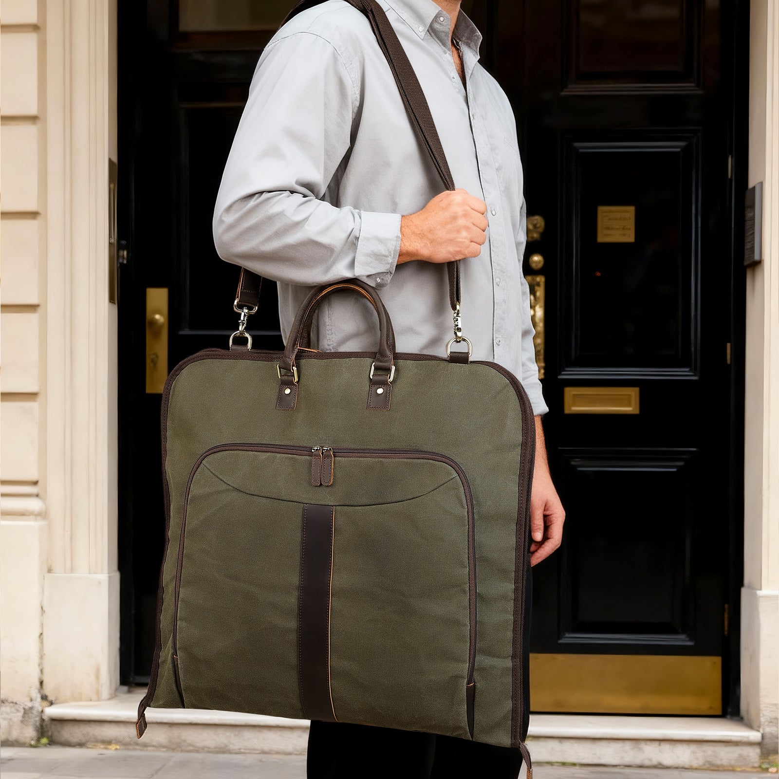 Waxed Canvas Full Grain Leather Trim Garment Carry On Bag (Army Green,Model Display)