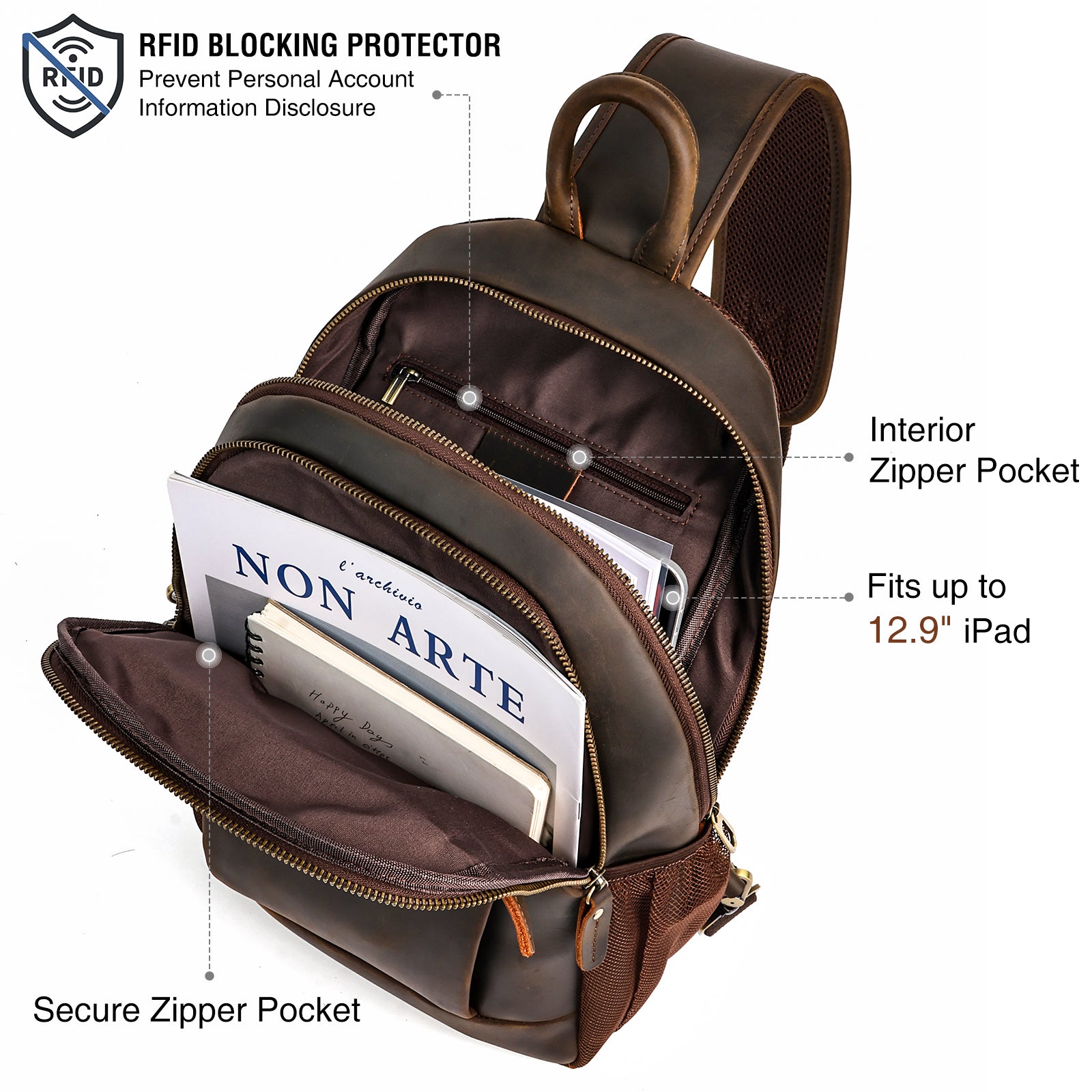 Full Grain Leather Sling Bag for Men RFID blocking secure storage design