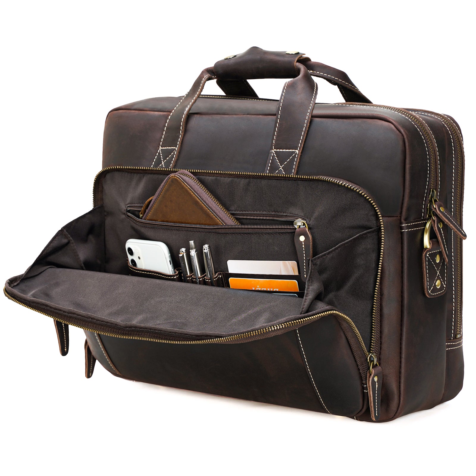 Polare 17" Full Grain Leather Briefcase Business Travel Laptop (Front pocket)
