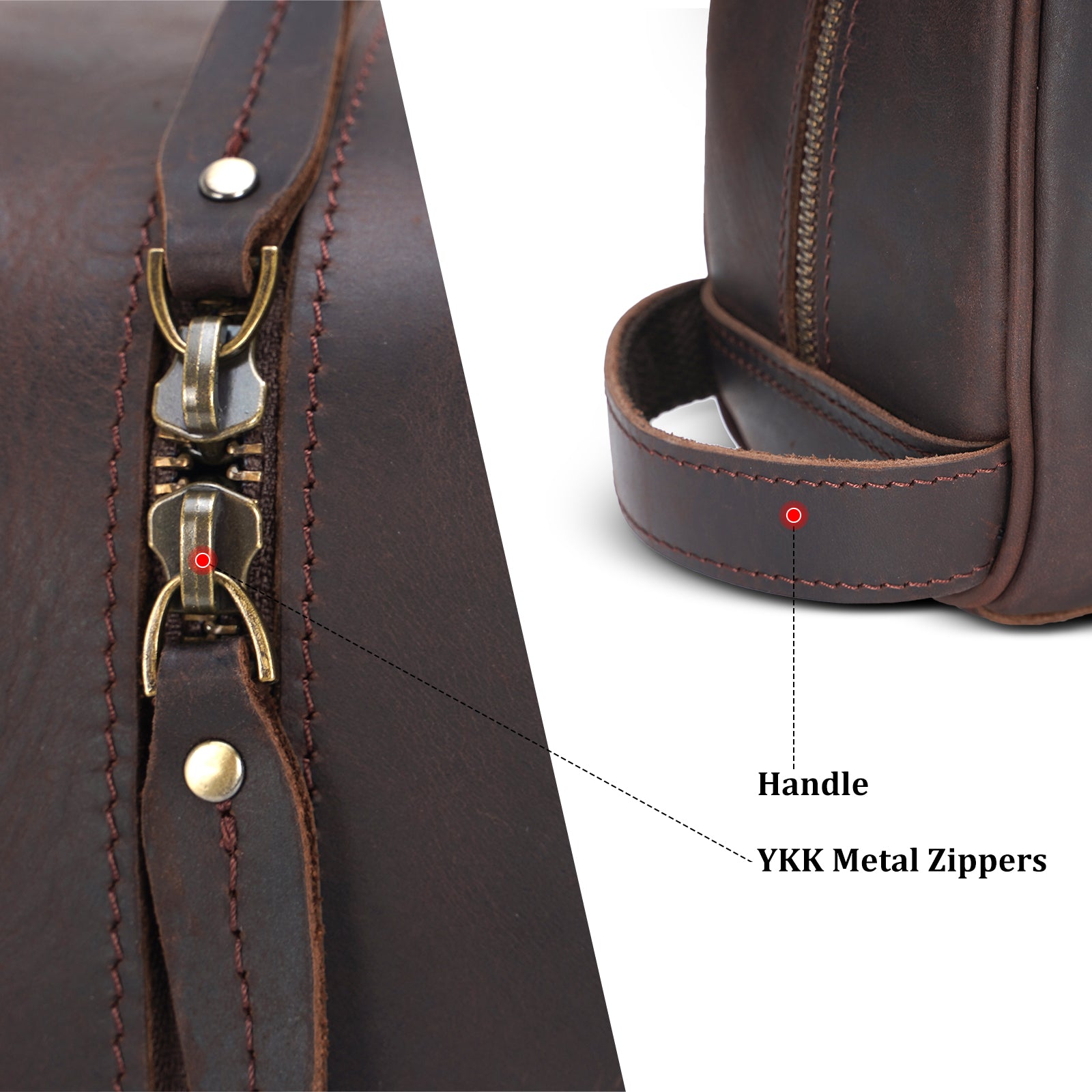 Full Grain Leather Handmade Travel Toiletry Bag (Dark Brown,Details)