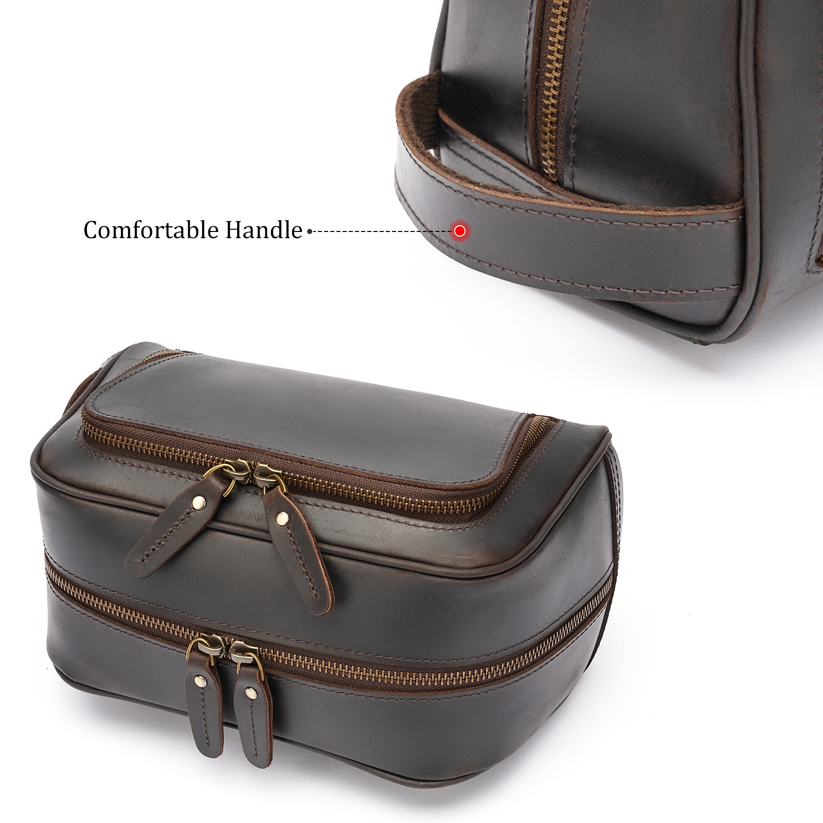 Full Grain Leather Handmade Travel Toiletry Bag (Dark Brown,Details)