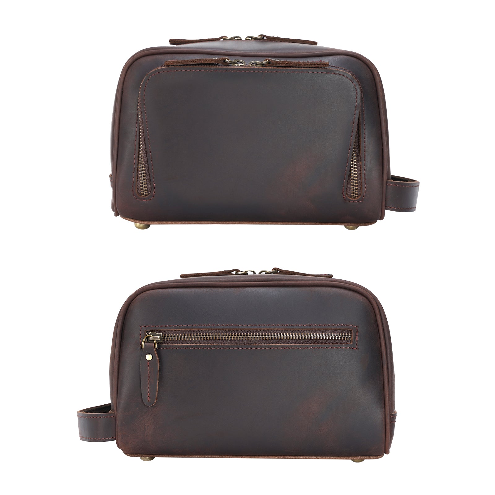 Full Grain Leather Handmade Travel Toiletry Bag (Dark Brown, Front/Back)