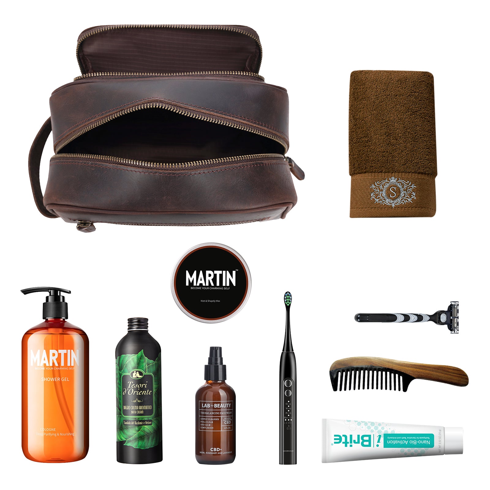 Full Grain Leather Handmade Travel Toiletry Bag (Dark Brown,Inside)