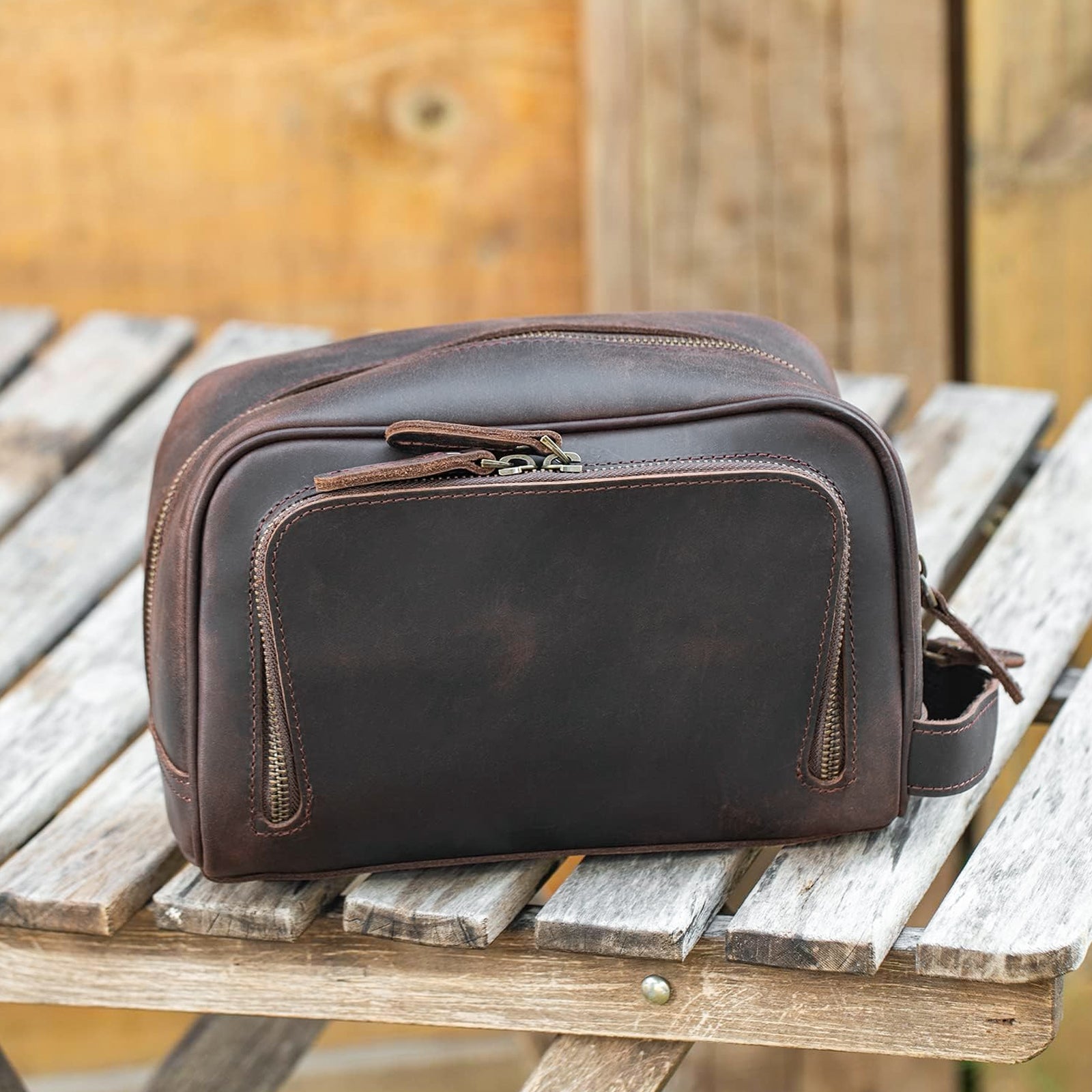 Full Grain Leather Handmade Travel Toiletry Bag (Dark Brown, Scenario Shows)