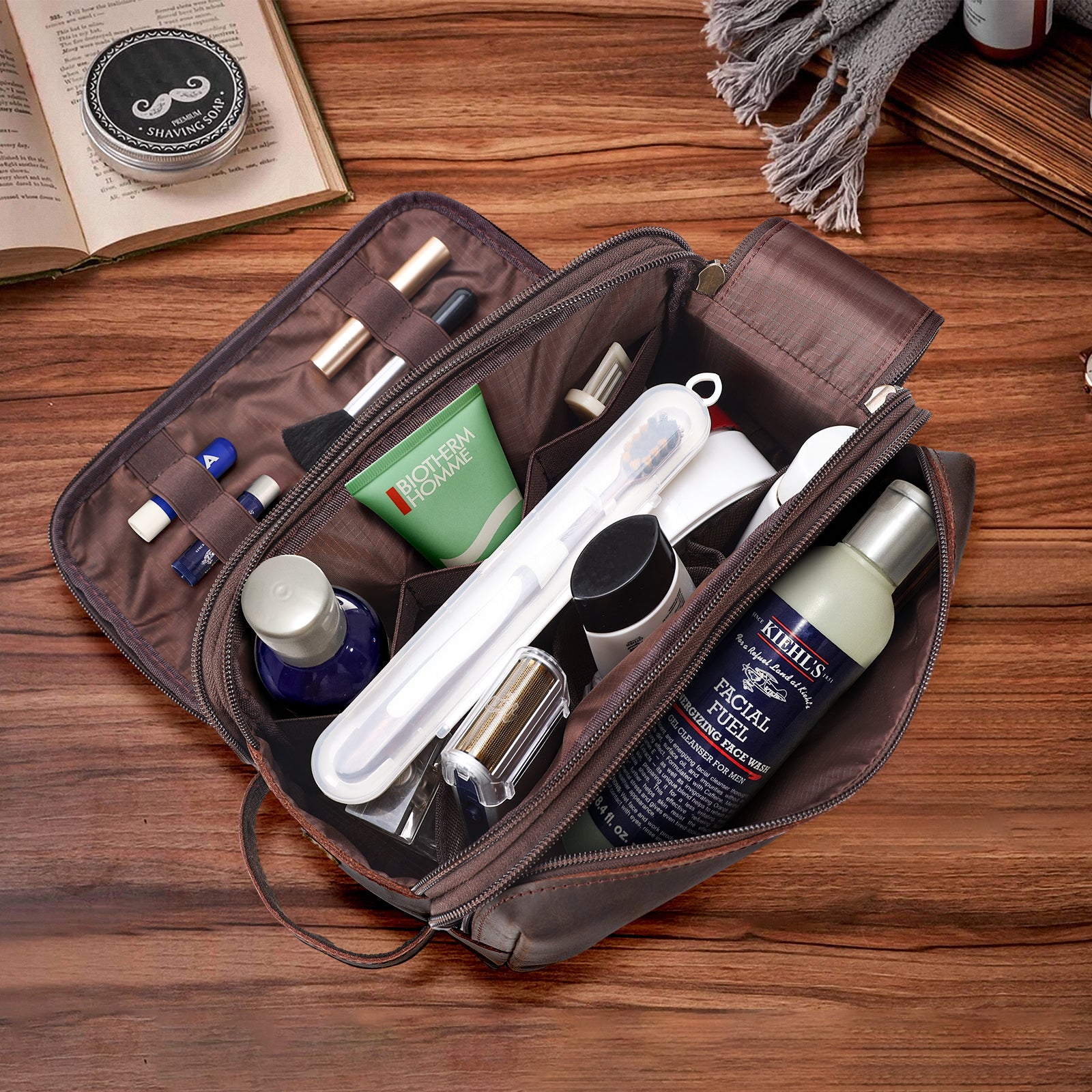 Full Grain Leather Toiletry Bag Dopp Kit Shaving Cosmetic Case (Scenario Shows)