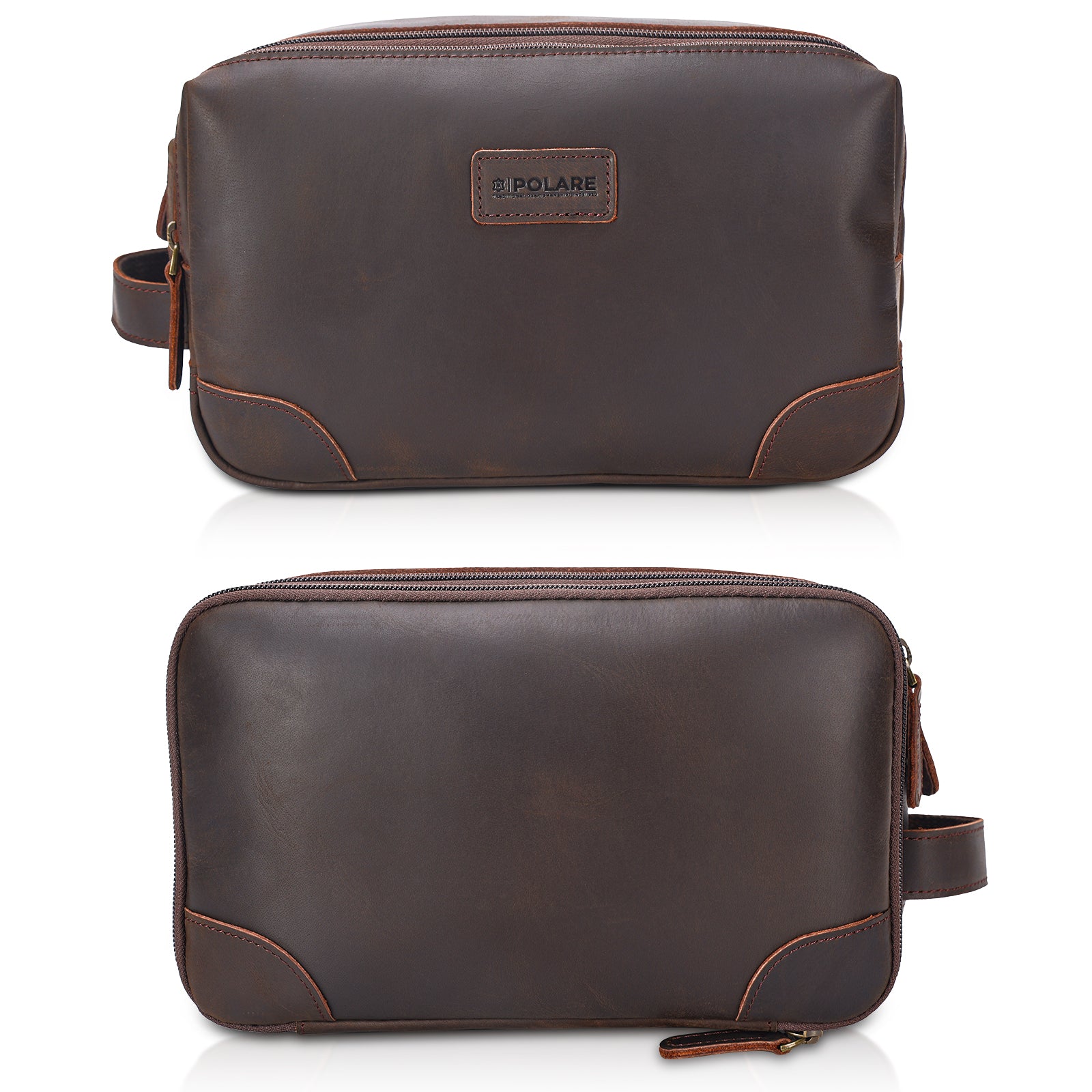 Full Grain Leather Toiletry Bag Dopp Kit Shaving Cosmetic Case (Front/Back)