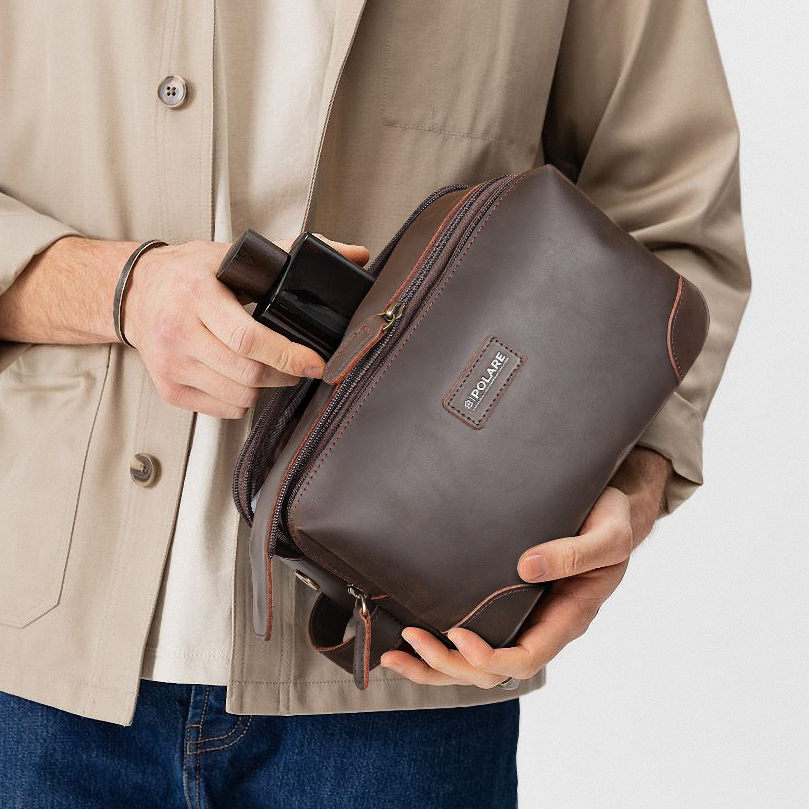 Full Grain Leather Toiletry Bag Dopp Kit Shaving Cosmetic Case (Model Display)