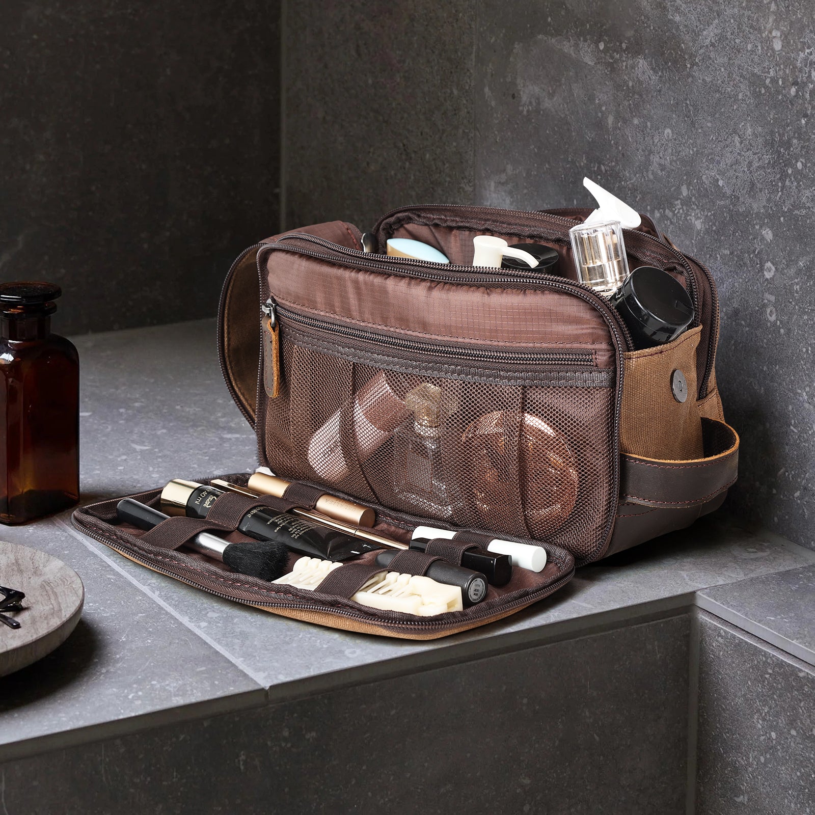 Waxed Canvas  Leather Travel Toiletry Bag Travel Dopp Kit (Scenario Shows)