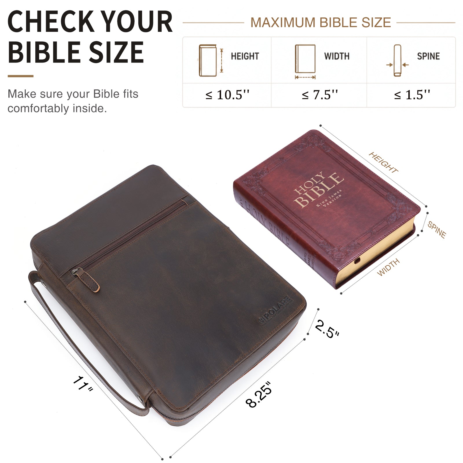 Full Grain Leather Bible Cover Book Holder Carrying Case (Dimension)