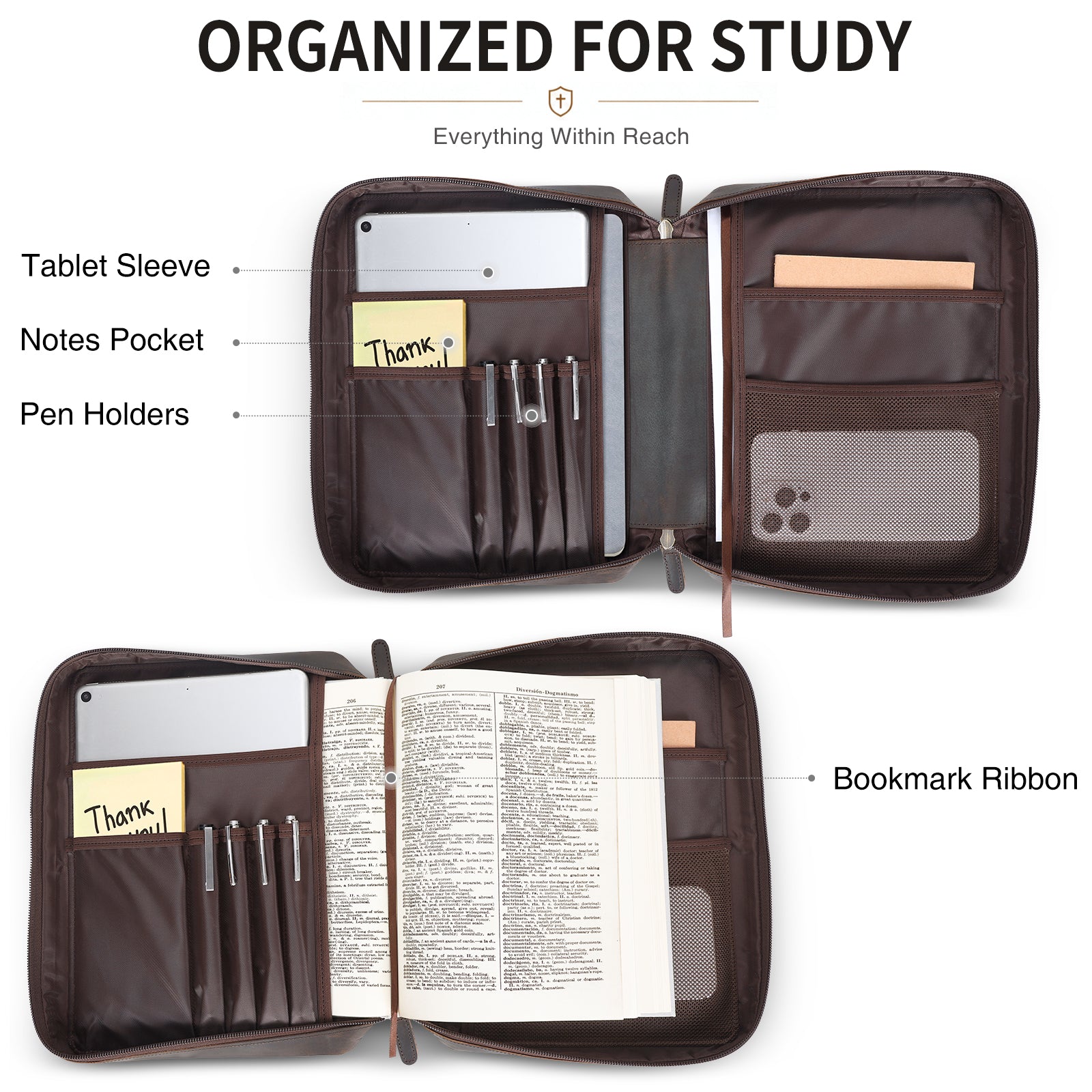 Full Grain Leather Bible Cover Book Holder Carrying Case (Dark Brown,Inside)