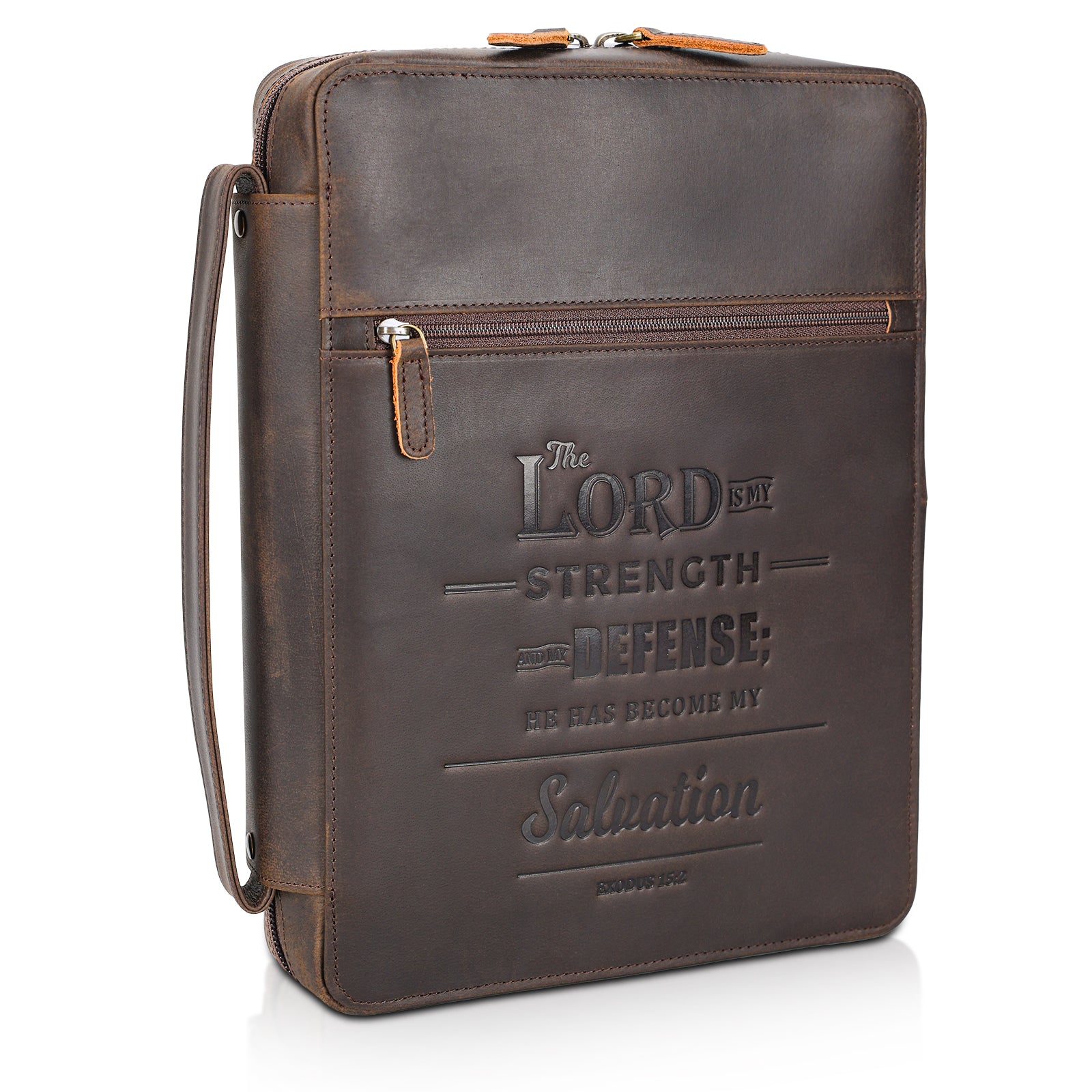 Full Grain Leather Bible Cover Book Holder Carrying Case (Lord is My Strength & Defense)