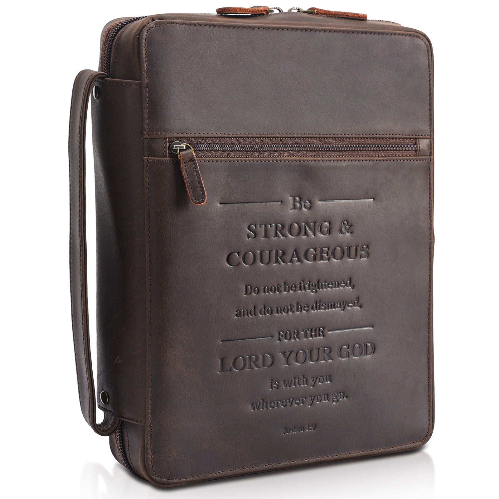 Full Grain Leather Bible Cover Book Holder Carrying Case (Strong & Courageous)