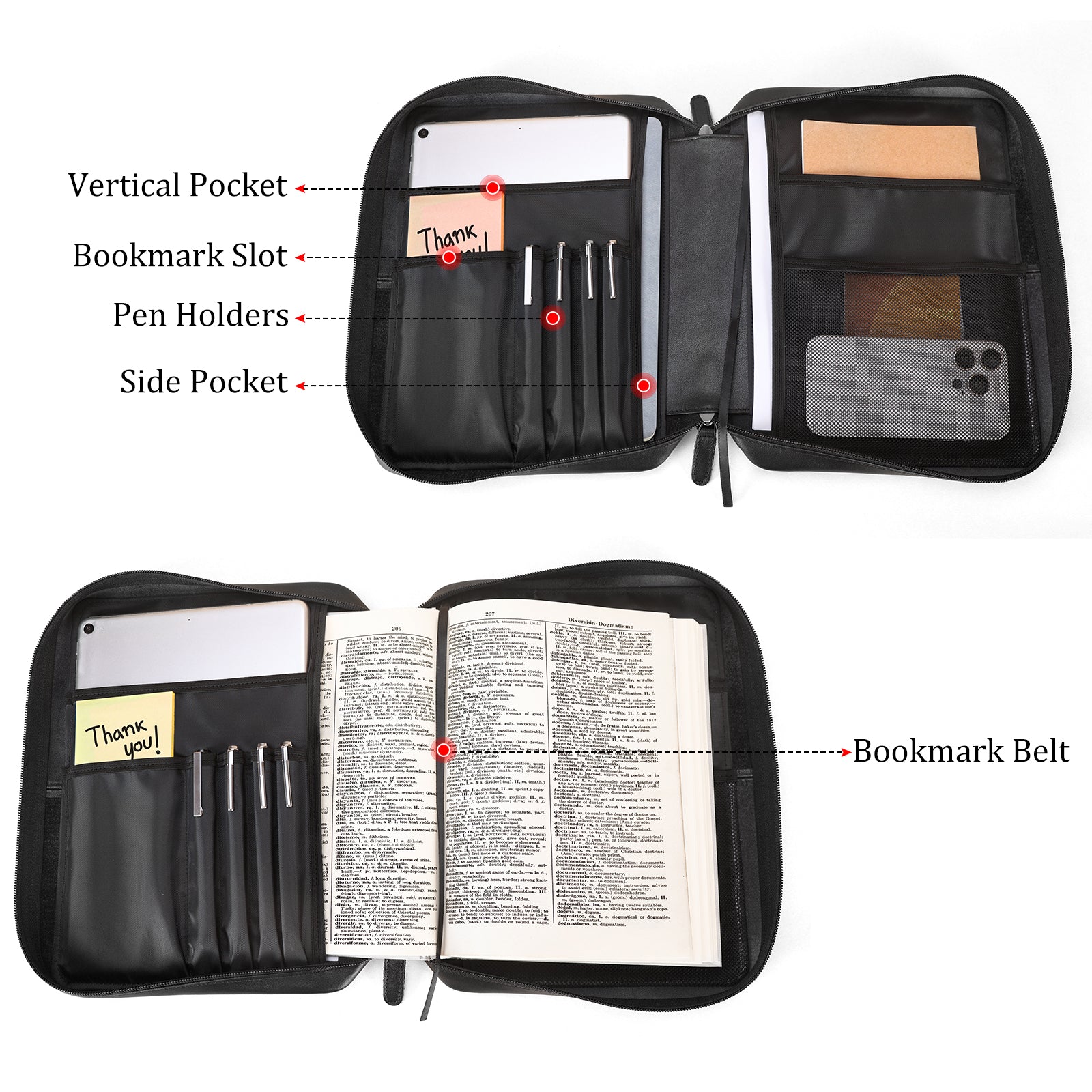 Full Grain Leather Bible Cover Book Holder Carrying Case (Black,Inside)