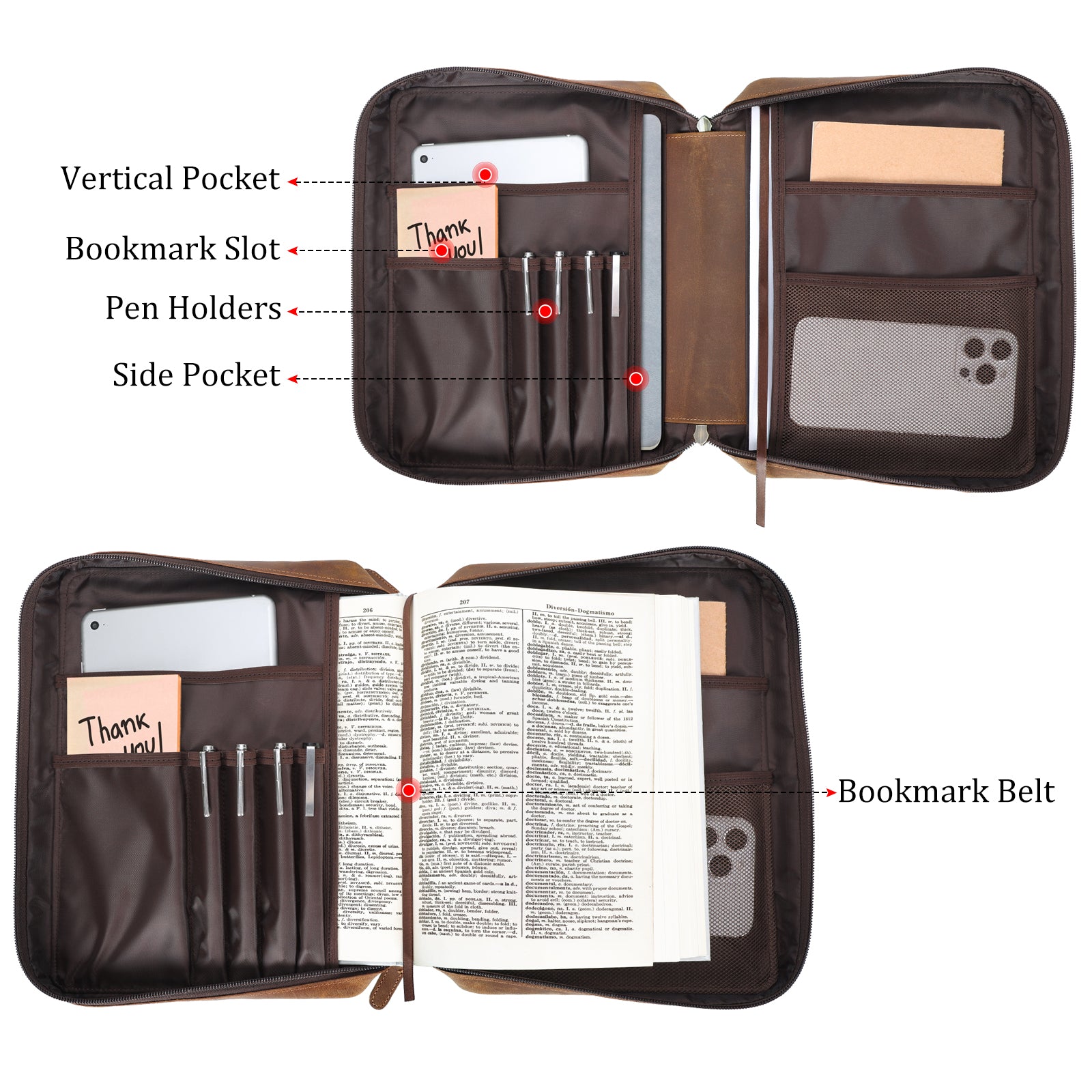 Full Grain Leather Bible Cover Book Holder Carrying Case (Light Brown,Inside)