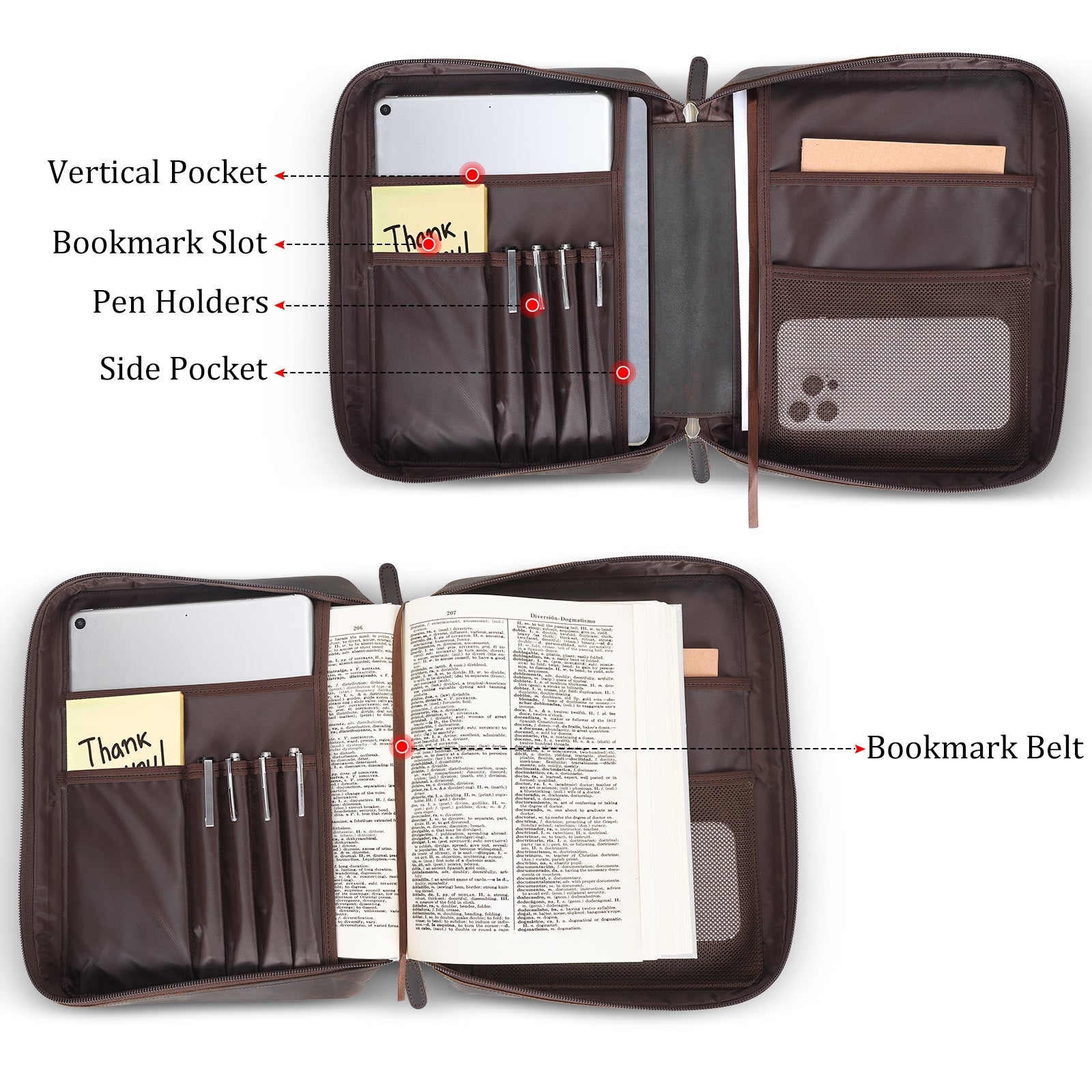 Full Grain Leather Bible Cover Book Holder Carrying Case (Dark Brown,Inside)