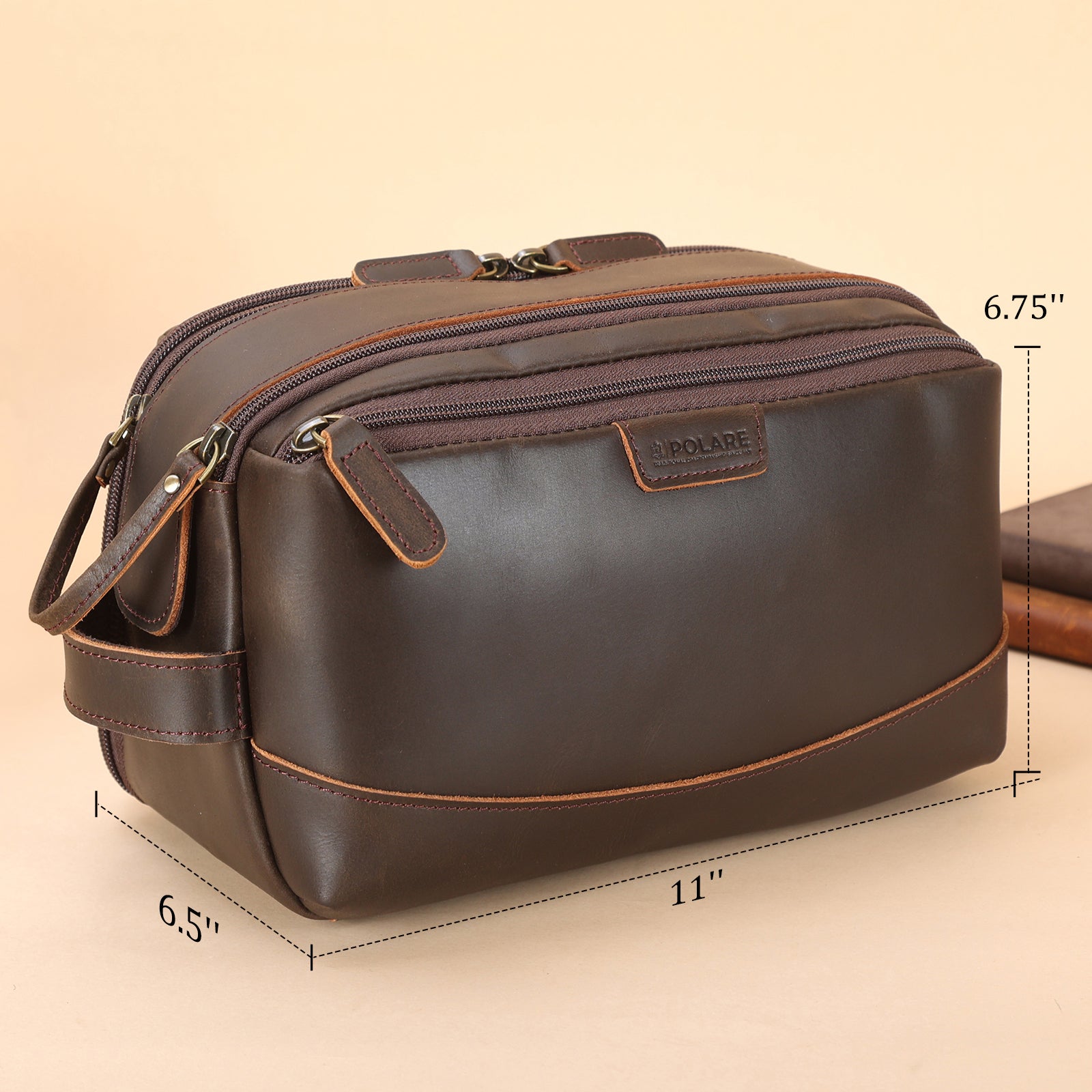 Full Grain Leather Toiletry Bag Travel Cosmetic Case Shaving Kit (Dimension)