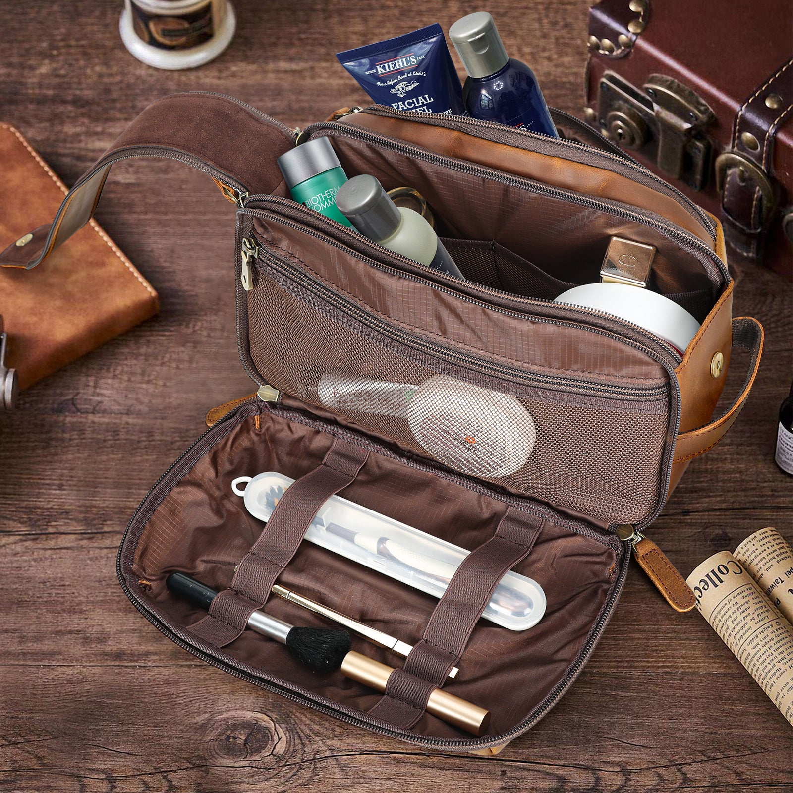 Full Grain Leather Toiletry Bag Travel Cosmetic Case Shaving Kit (Inside)
