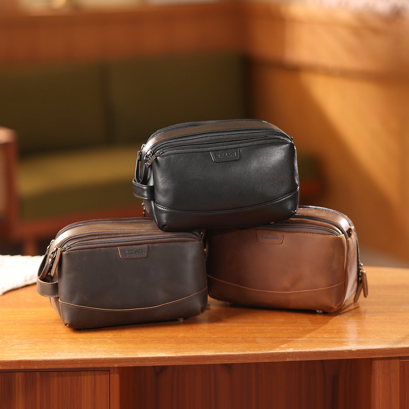 Full Grain Leather Toiletry Bag Travel Cosmetic Case Shaving Kit