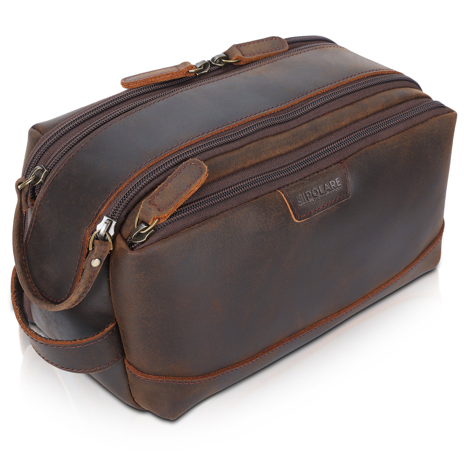 Full Grain Leather Toiletry Bag Travel Cosmetic Case Shaving Kit (Dark Brown)