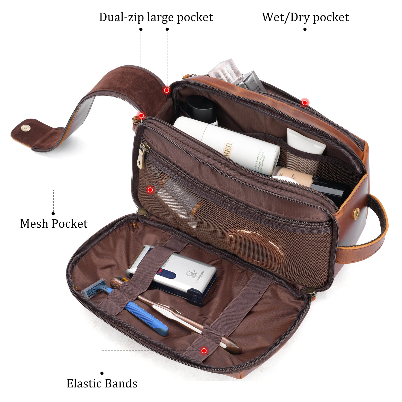 Polare Full Grain Leather Toiletry Bag for Men Large Travel Cosmetic Case Dopp Kit Shaving Kit Wash Pouch with YKK Zippers