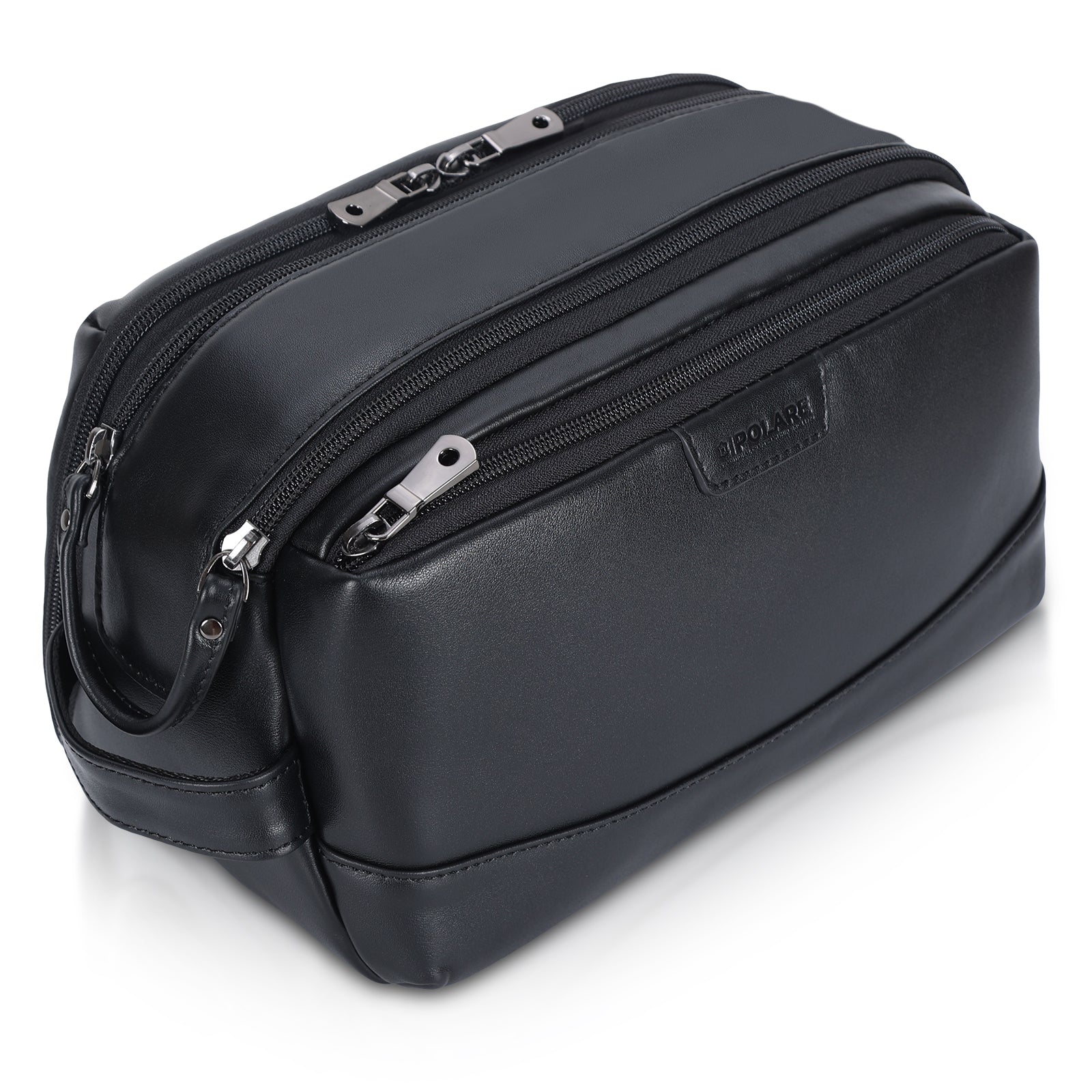 Full Grain Leather Toiletry Bag Travel Cosmetic Case Shaving Kit (Black)