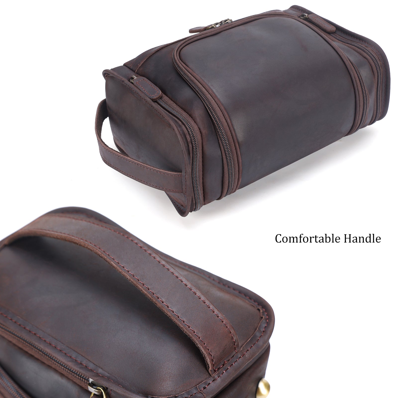 Full Grain Leather Toiletry Dopp Kit Cosmetic Bag with Hanging Hook (Details)