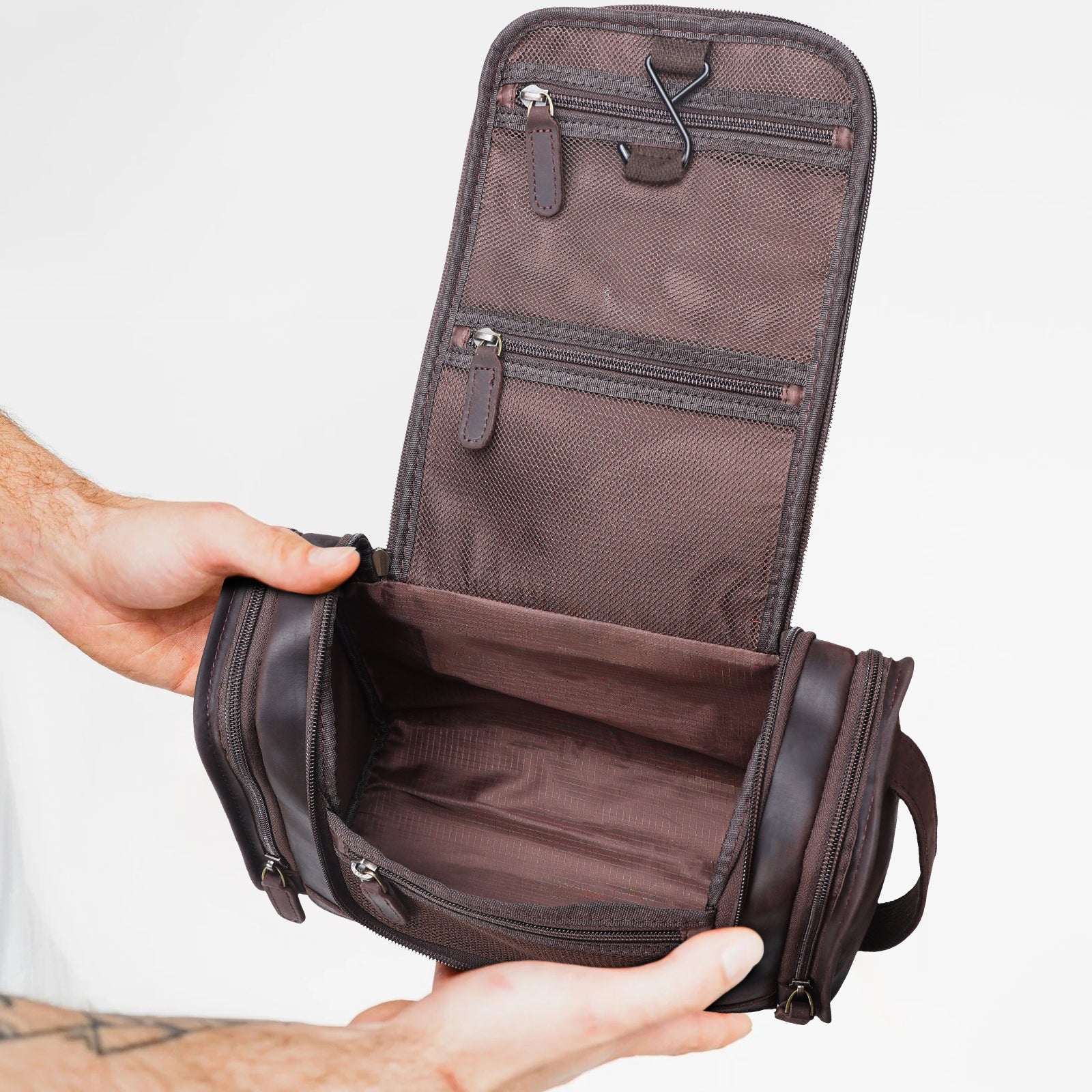 Full Grain Leather Toiletry Dopp Kit Cosmetic Bag with Hanging Hook (Model Display)