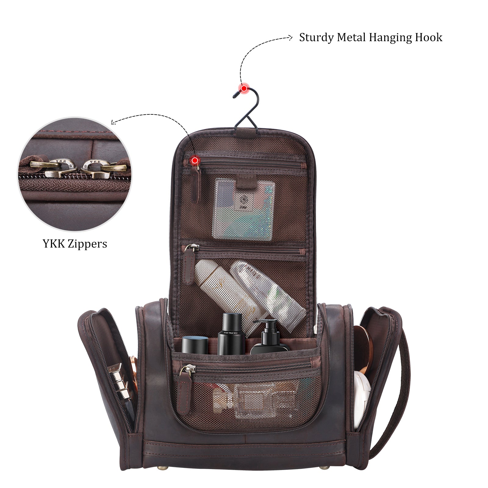 Full Grain Leather Toiletry Dopp Kit Cosmetic Bag with Hanging Hook (Inside)