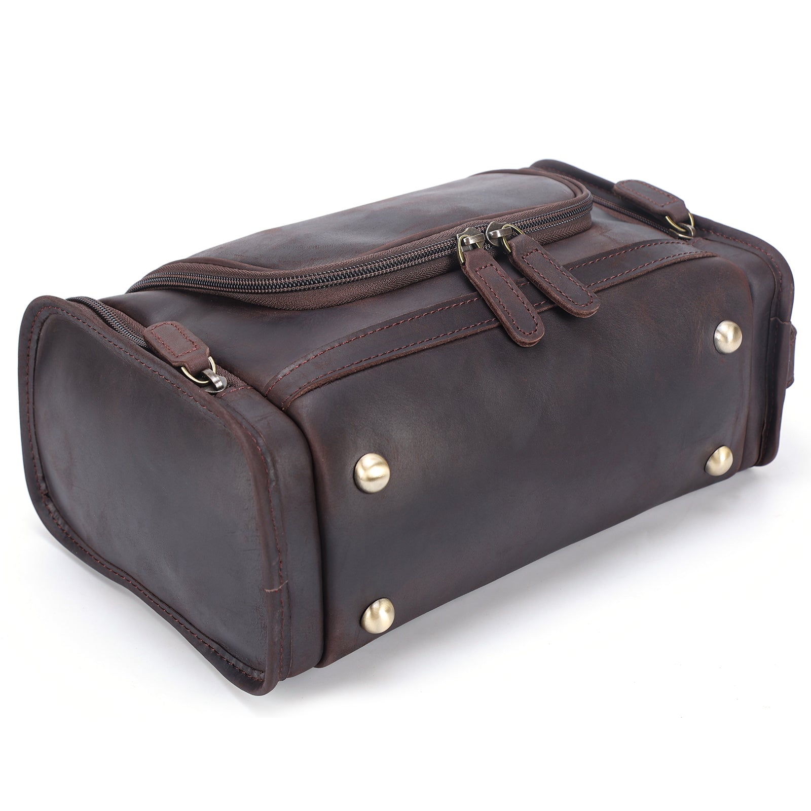 Full Grain Leather Toiletry Dopp Kit Cosmetic Bag with Hanging Hook (Bottom)