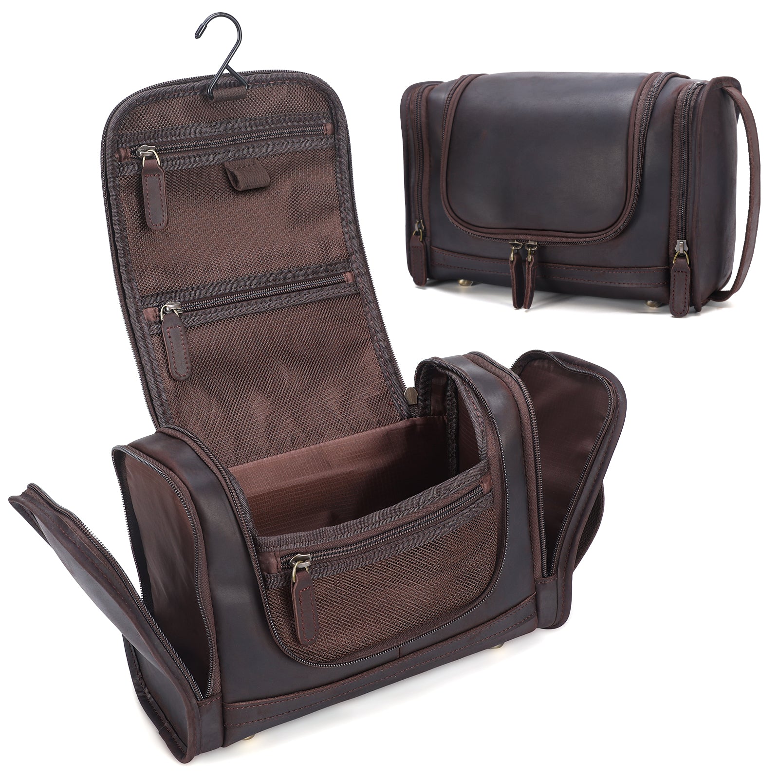 Full Grain Leather Toiletry Dopp Kit Cosmetic Bag with Hanging Hook