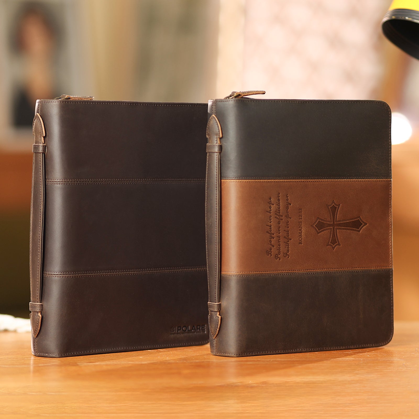 Polare Full Grain Leather Bible Case Book Protective Holder Bible Cover Church Bag Christian Religious Carrying Organizer Portfolio