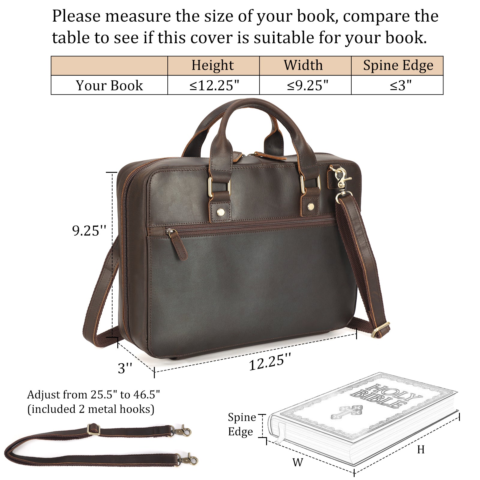 Leather Bible Cover Case Carrying Book Bag (Dark Brown,Dimension)